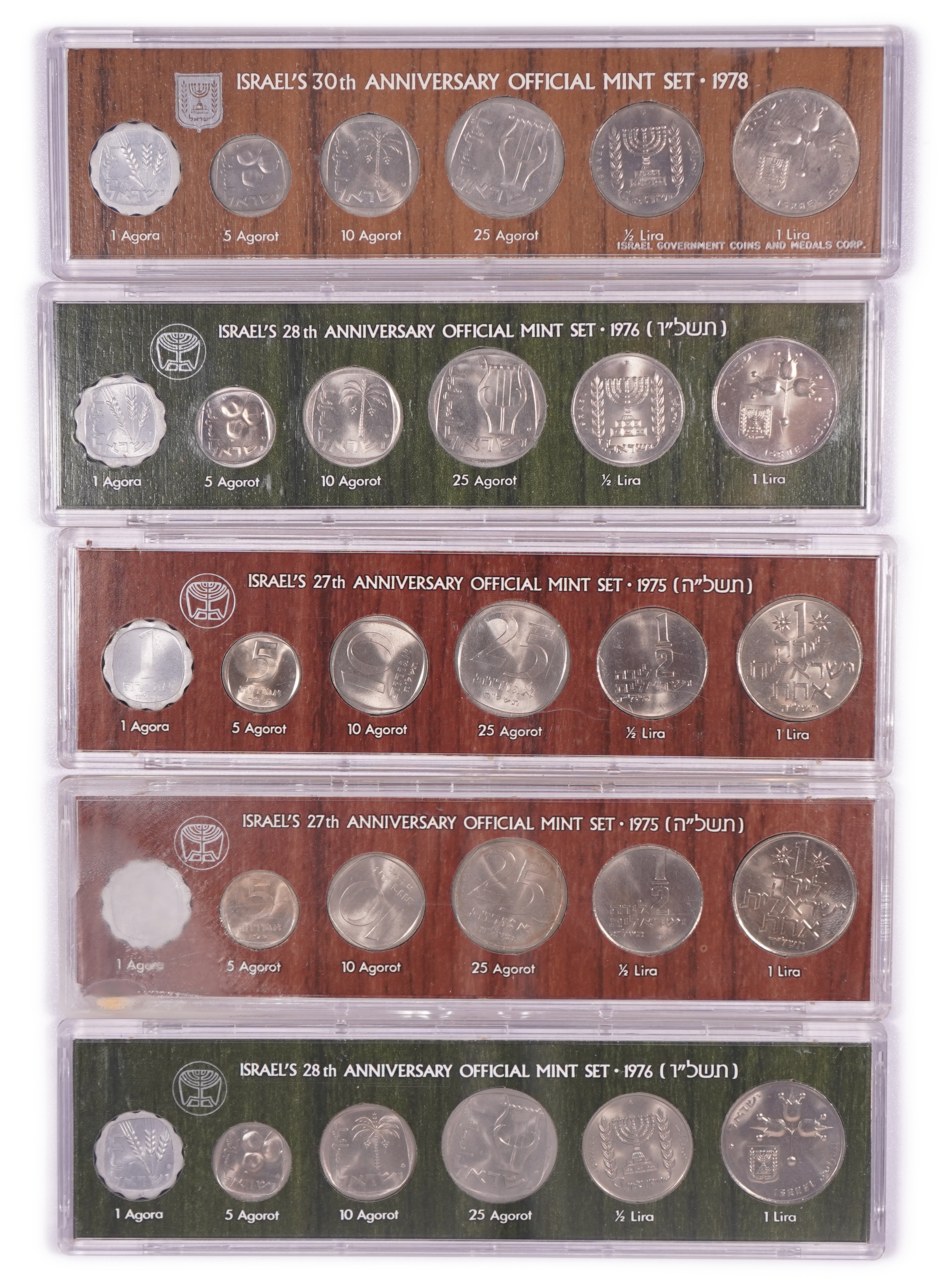 Israel - Lot of 11 Official Mint Sets from the 1970s, 6 Coins per Set, Including Star of David Mintmarked Sets - 1 4