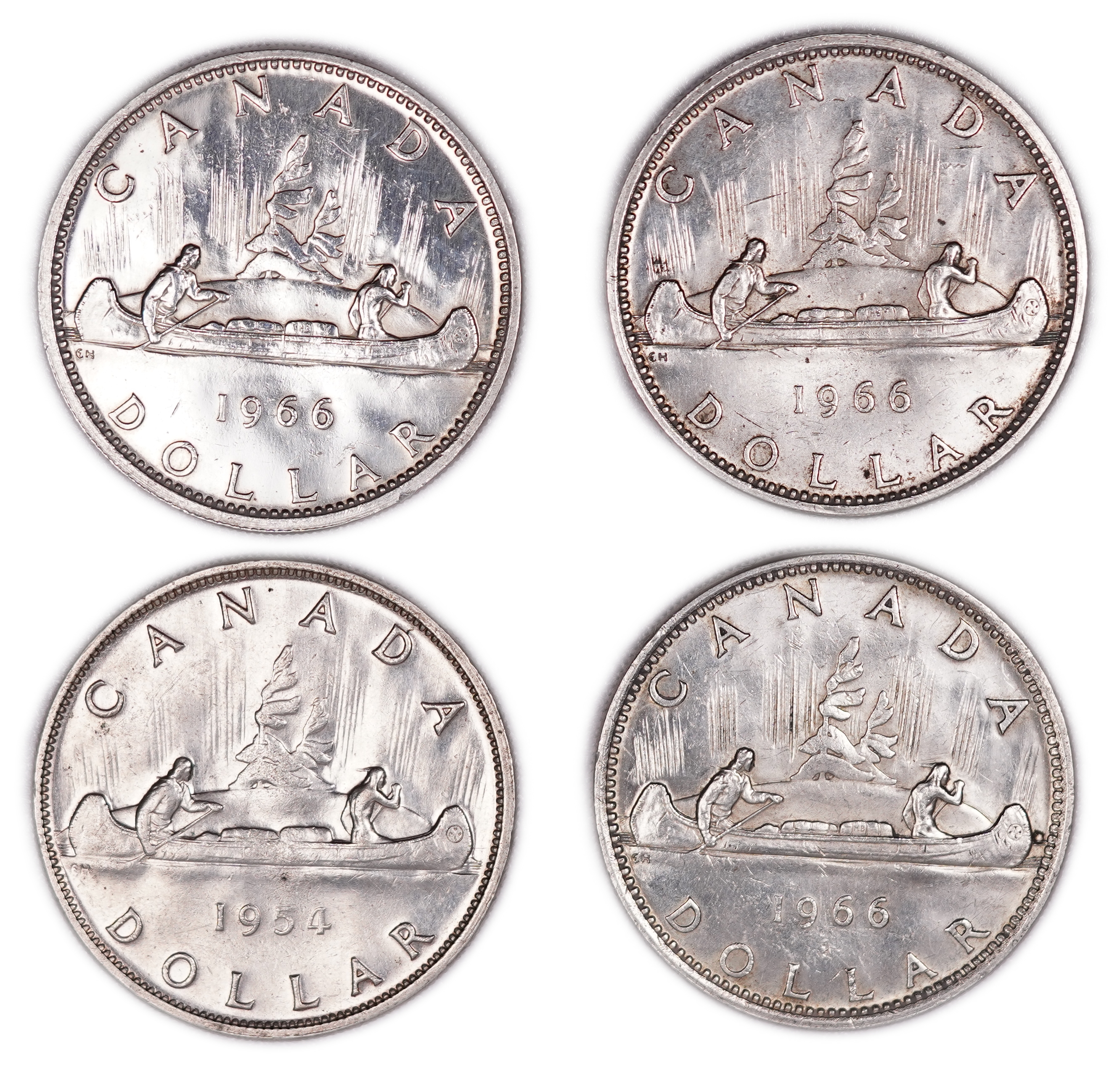 Canada - Lot of 4 Voyageur Silver Dollars - 1954 and 3 Coins Dated 1966 - .800 Silver, Total Weight 93.32 g ... - 1 1