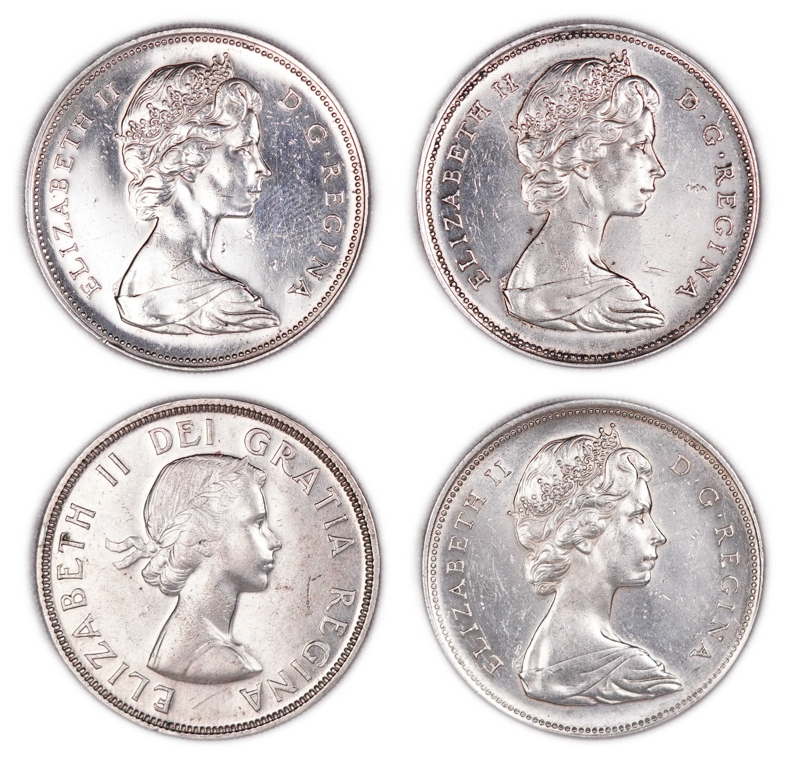 Canada - Lot of 4 Voyageur Silver Dollars - 1954 and 3 Coins Dated 1966 - .800 Silver, Total Weight 93.32 g ...