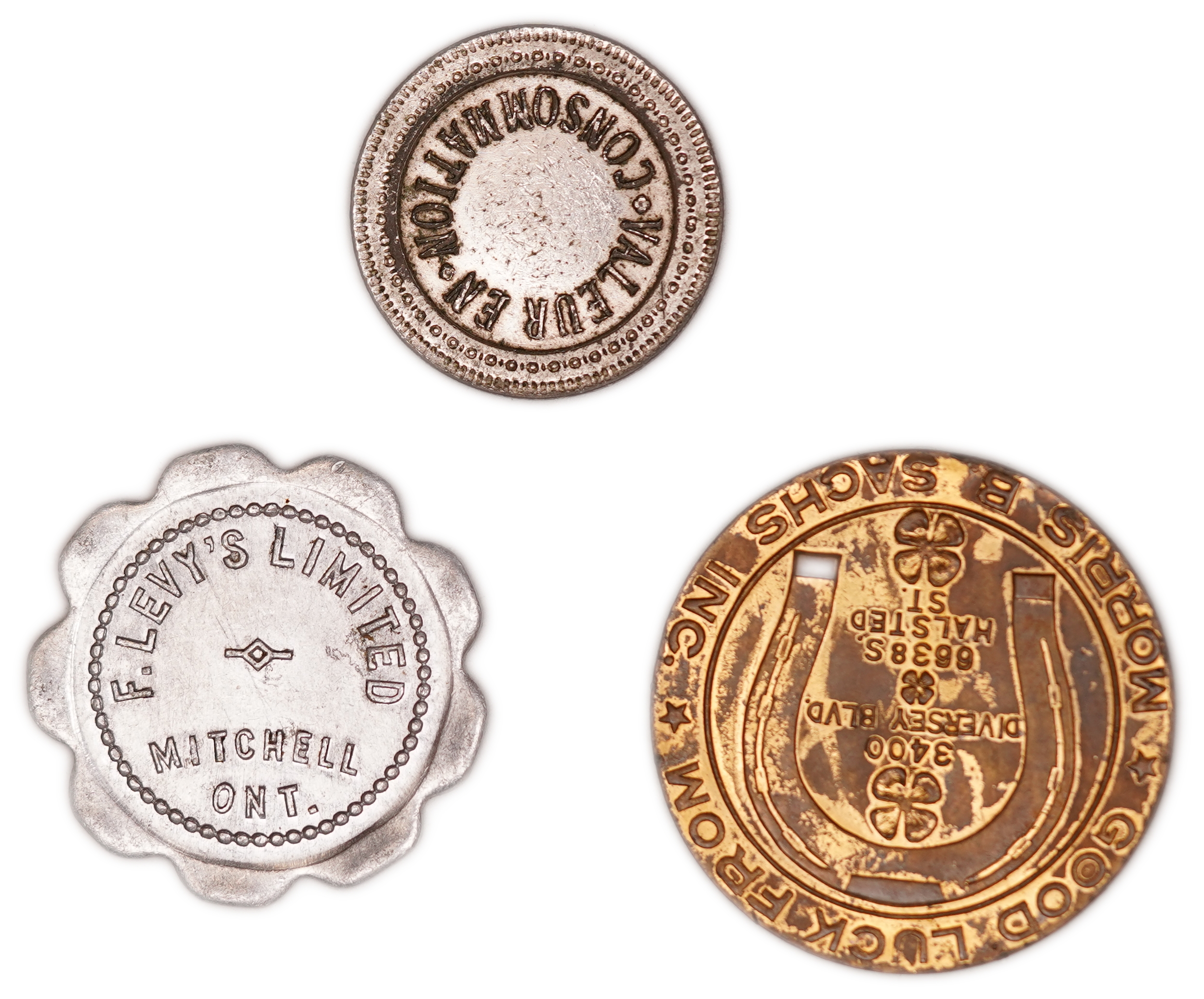Judaica / Zionism - Lot of 3 Trade and Advertising Tokens - J. Kaufmann Paris, F. Levy's Canada and Morris B. Sachs ... - 1 1