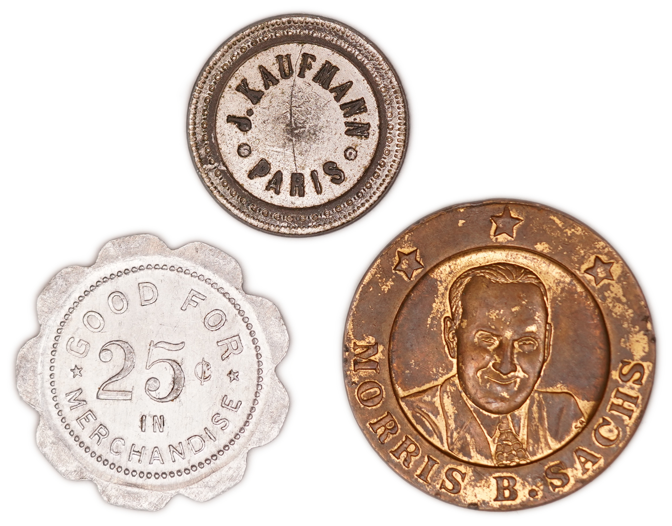 Judaica / Zionism - Lot of 3 Trade and Advertising Tokens - J. Kaufmann Paris, F. Levy's Canada and Morris B. Sachs ... - 1 0