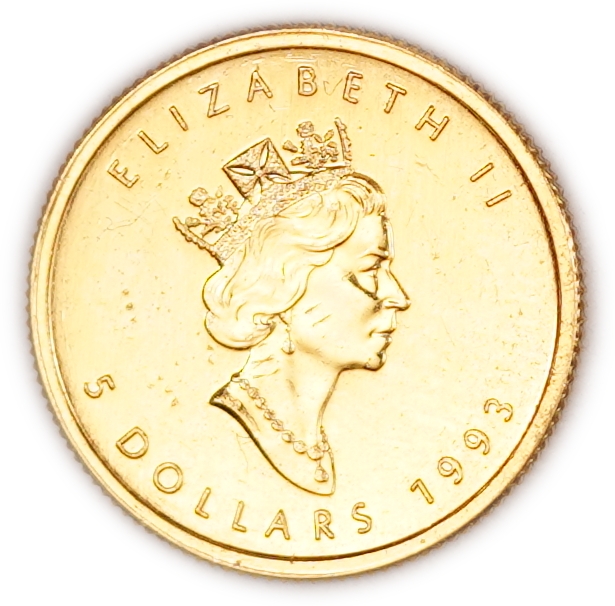 Canada - 5 Dollars 1993 - Gold Maple Leaf - .9999 Gold, 1/10 Troy Ounce - Approximately 3.11 g - KM# 188