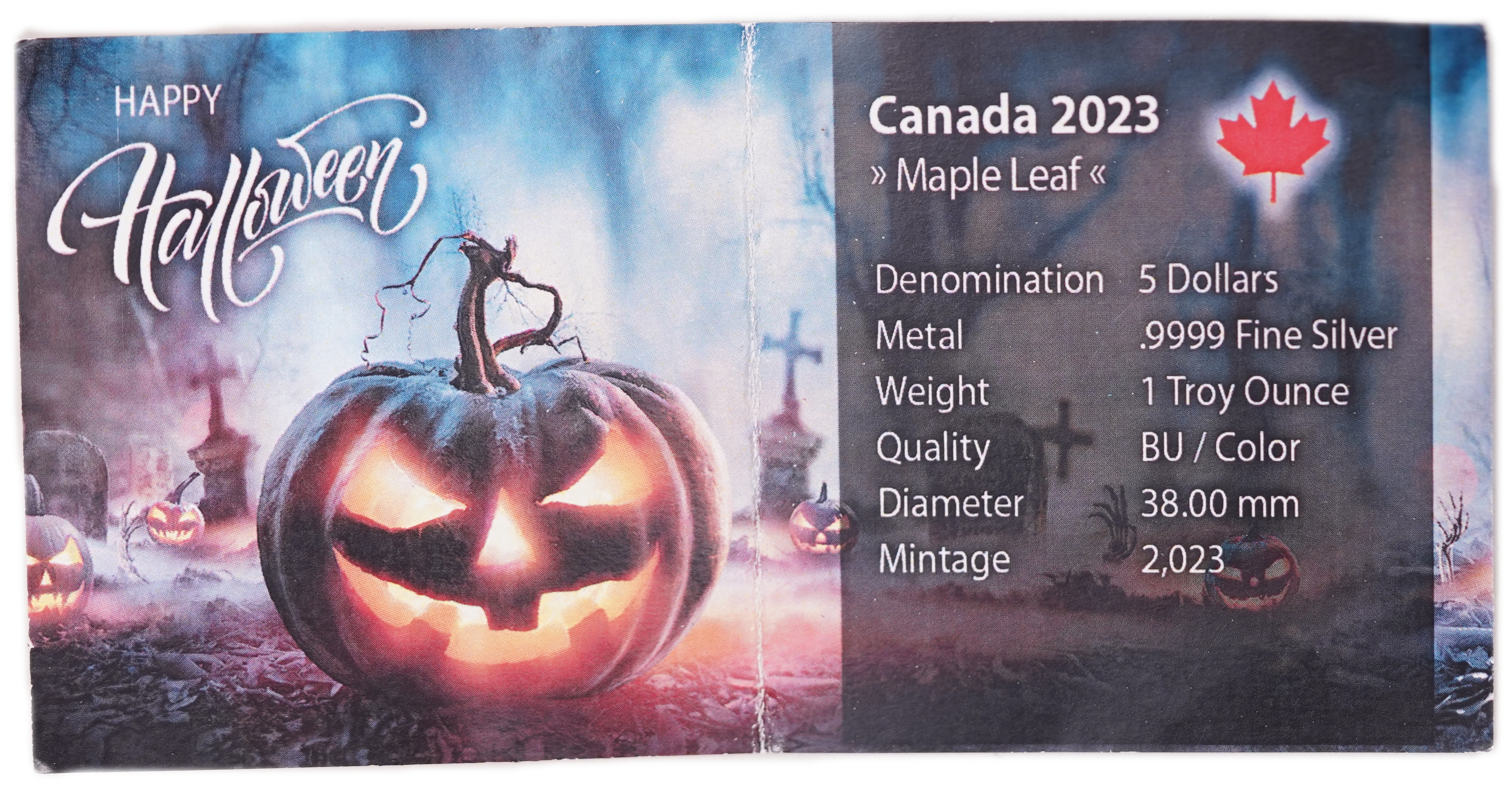 Canada - 5 Dollars 2023 - Colorized Silver Maple Leaf “Howling Wolf” - Halloween Edition - .9999 Silver, 1 Troy ... - 1 2
