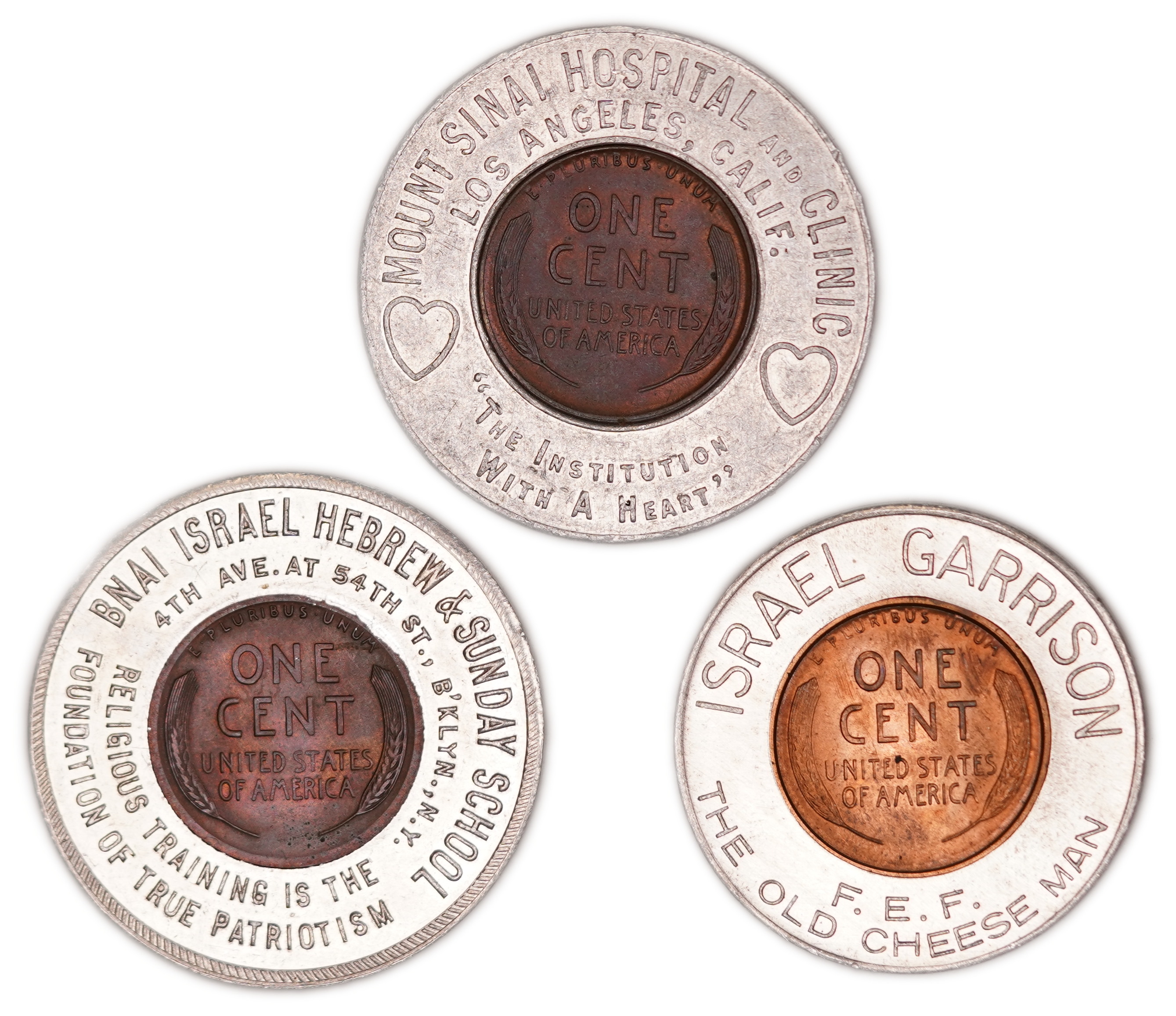 Judaica / Zionism - USA - Lot of 3 Encased Cent Tokens - Mount Sinai Hospital Los Angeles, B'nai Israel Hebrew & ... - 1 1