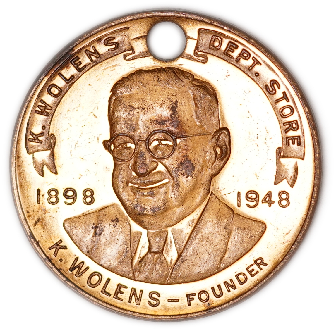 Judaica / Zionism - USA - K. Wolens Dept. Store Good Luck Token, Texas, 50th Anniversary 1898-1948, with Hebrew ... - 1 0