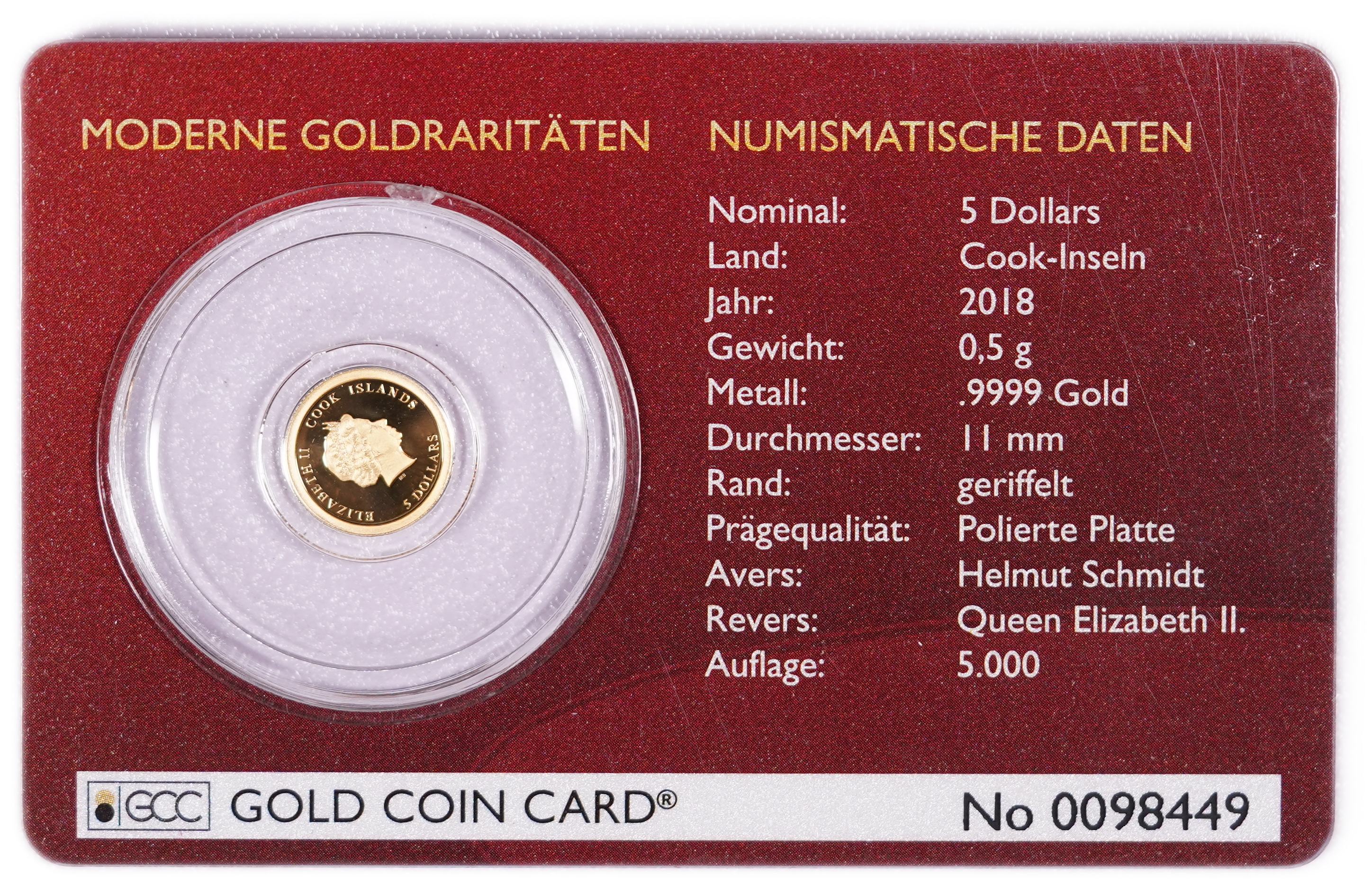 Cook Islands - $5 Gold Coin 2018 - 100th Anniversary of the Birth of Helmut Schmidt - .9999 Gold, 0.5 g - 0.0161 ... - 1 0