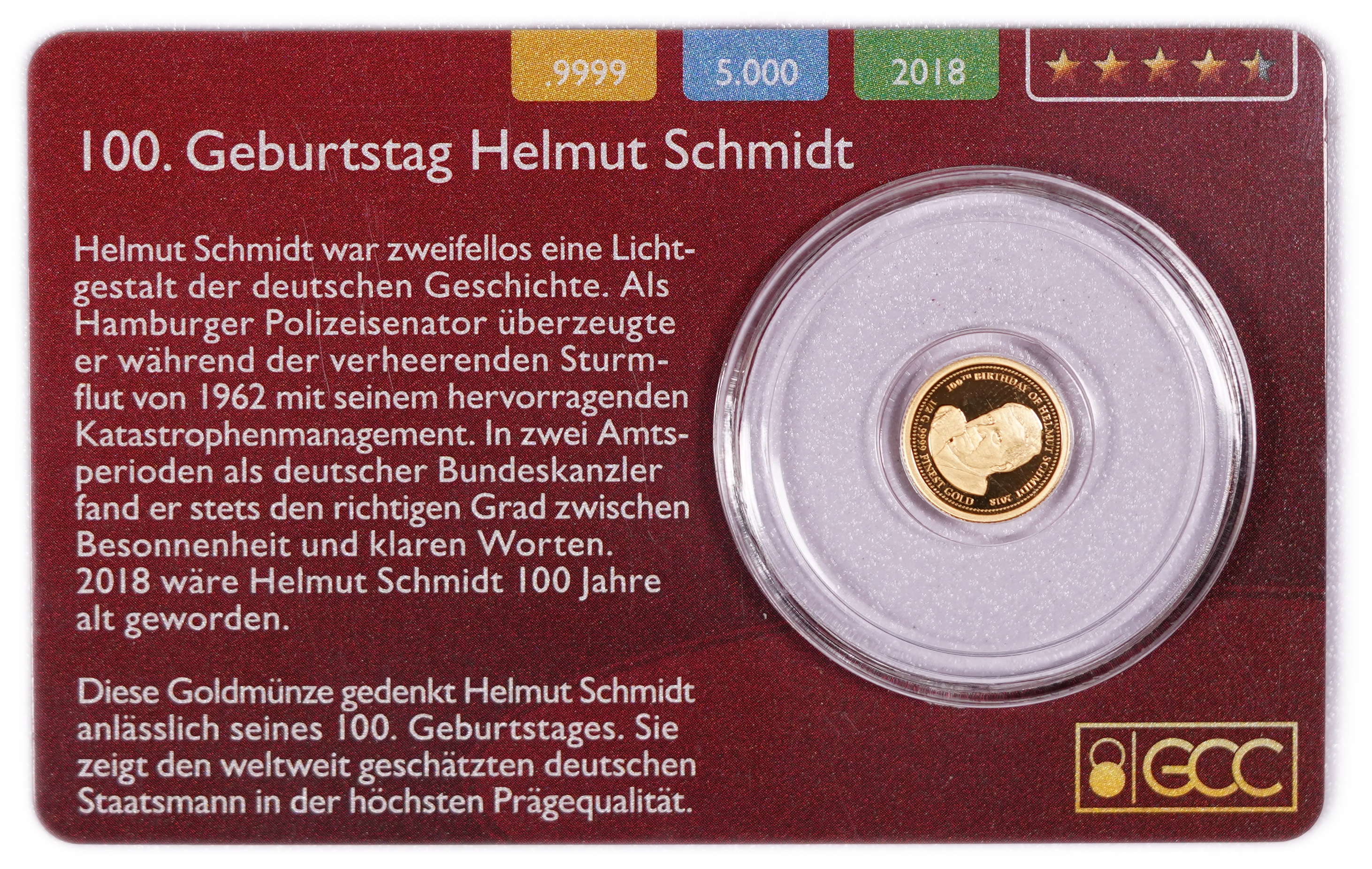 Cook Islands - $5 Gold Coin 2018 - 100th Anniversary of the Birth of Helmut Schmidt - .9999 Gold, 0.5 g - 0.0161 ... - 1 1
