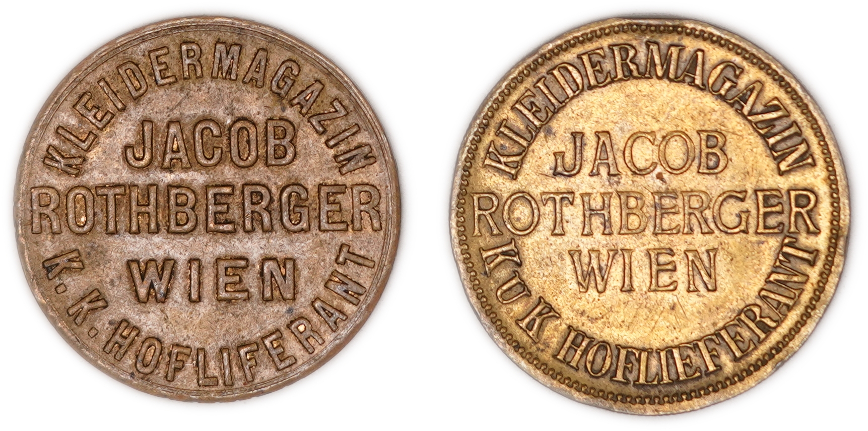 Judaica / Zionism - Austria - Pair of Jacob Rothberger Jewish Department Store Advertising Tokens, Vienna, c.1900 ... - 1 0
