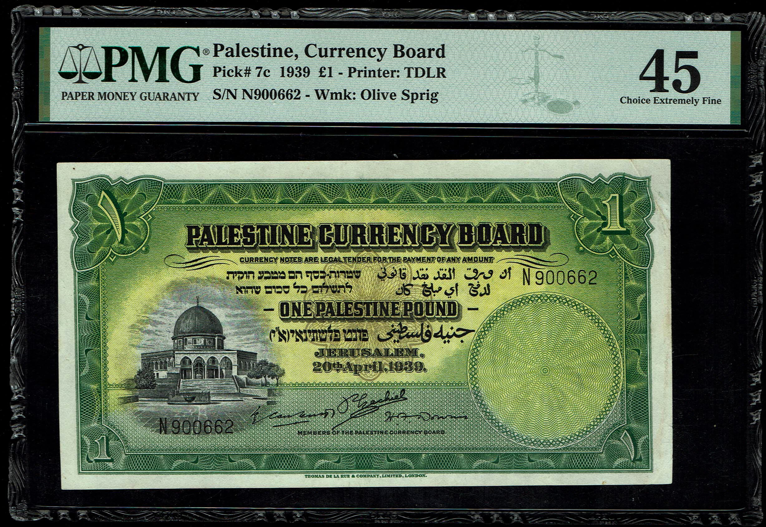 Palestine - 1 Pound 1939 - Palestine Currency Board - PMG 45 Choice Extremely Fine - Pick# 7c - 1 0