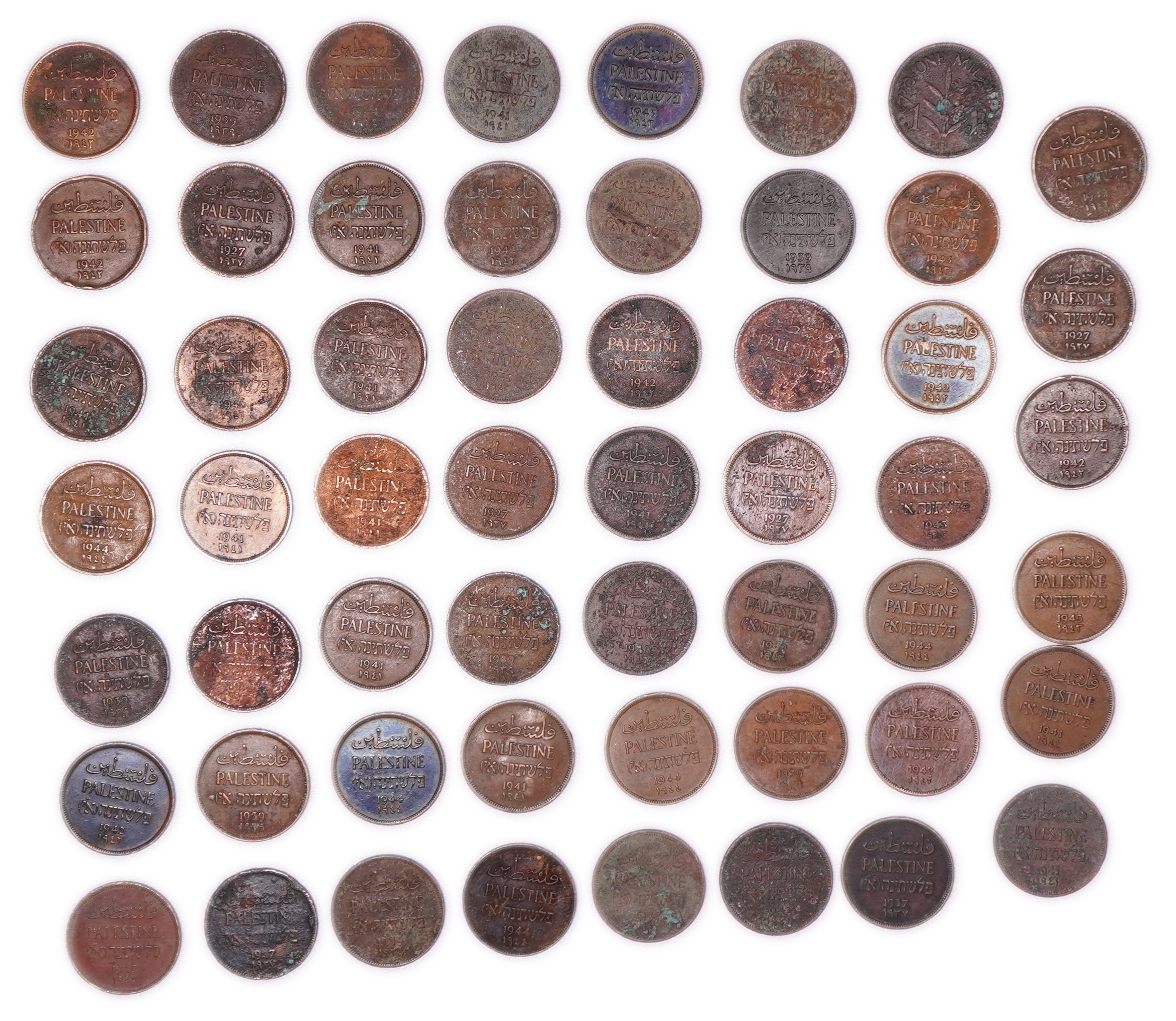 Palestine - British Mandate - Collection of 55 1 Mil Coins - Various Years - VG-F - KM#1 - 1 0