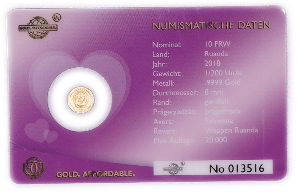 Rwanda - 10 Francs 2018 Gold Coin, Swans, .9999 Gold, 0.1555 g - 1/200 Troy Ounce, Uncirculated, Mintage up to 20 ... - 1 0