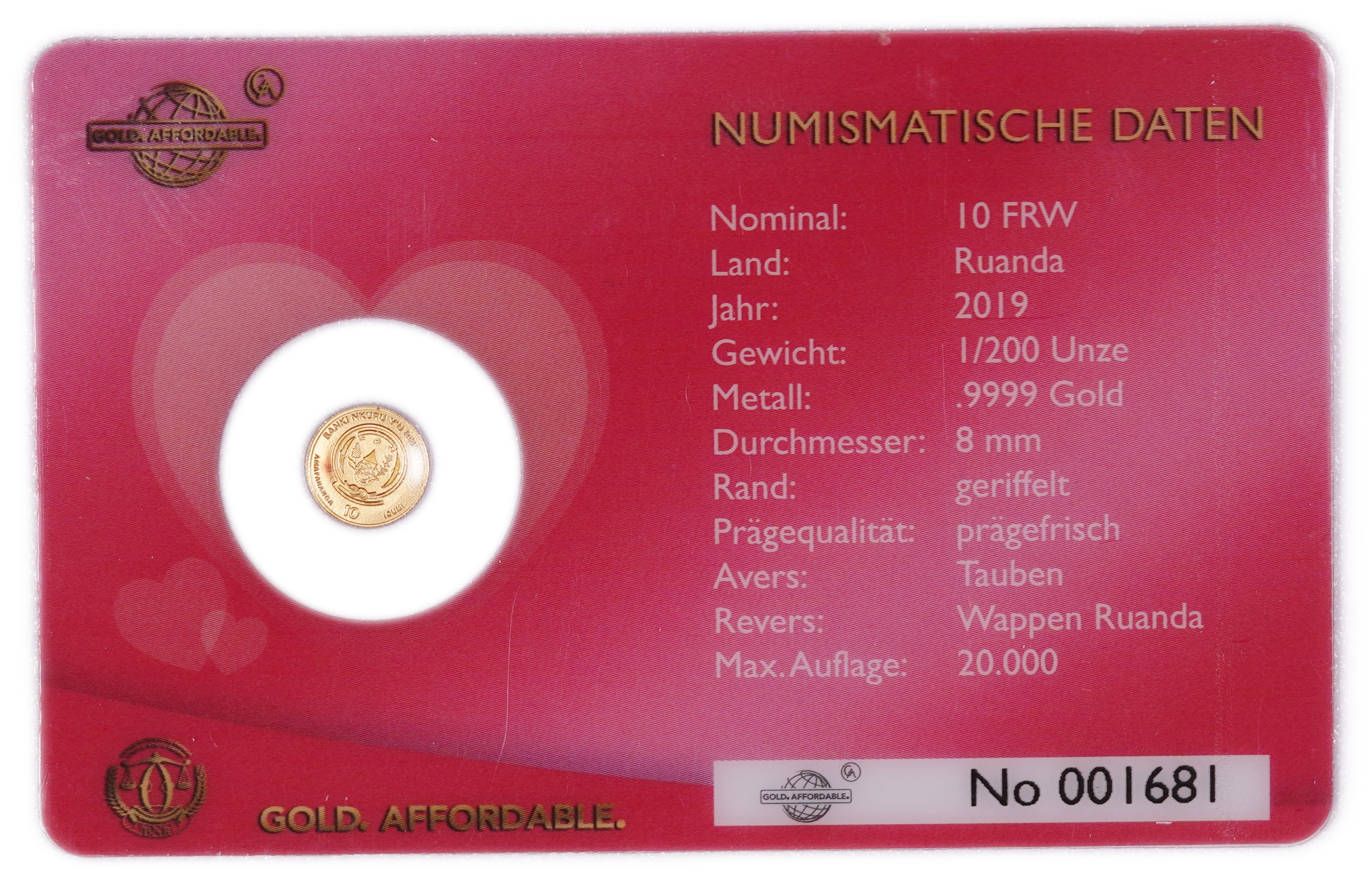 Rwanda - 10 Francs 2019 Gold Coin, Doves, .9999 Gold, 0.1555 g - 1/200 Troy Ounce, Uncirculated, Mintage up to 20 ... - 1 0