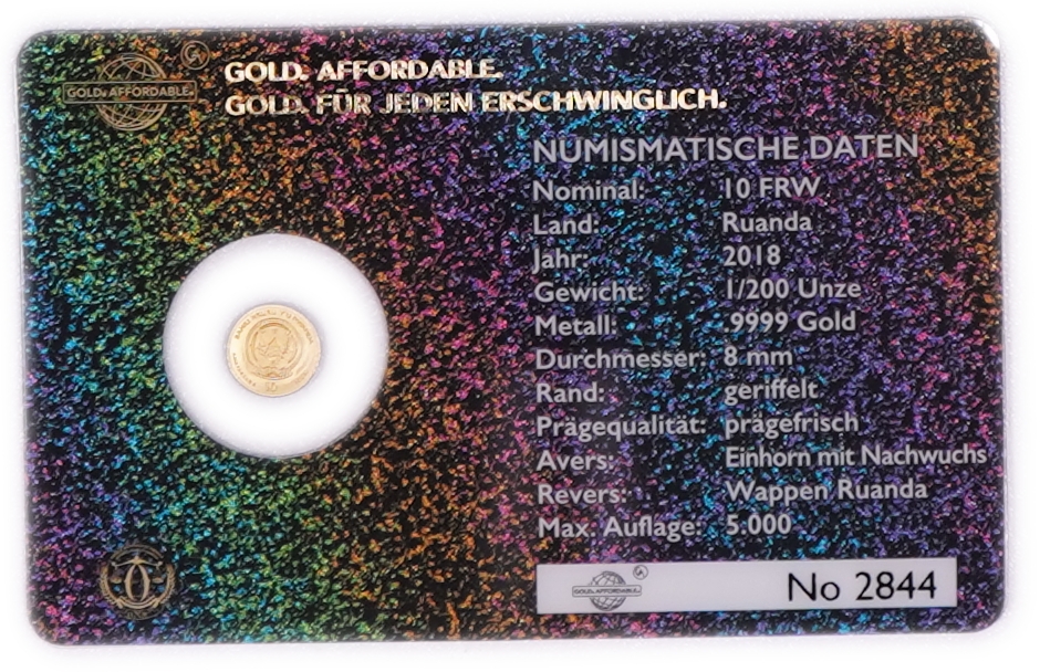 Rwanda - 10 Francs 2018 Gold Coin, Unicorn with Foal, .9999 Gold, 0.1555 g - 1/200 Troy Ounce, Uncirculated ... - 1 0