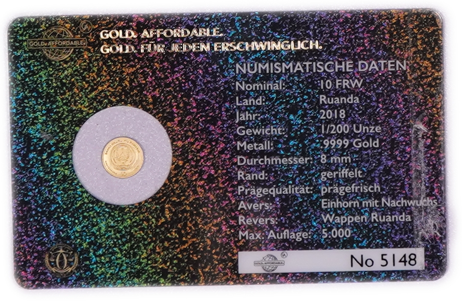 Rwanda - 10 Francs 2018 Gold Coin, Unicorn with Foal, .9999 Gold, 0.1555 g - 1/200 Troy Ounce, Uncirculated ... - 1 0