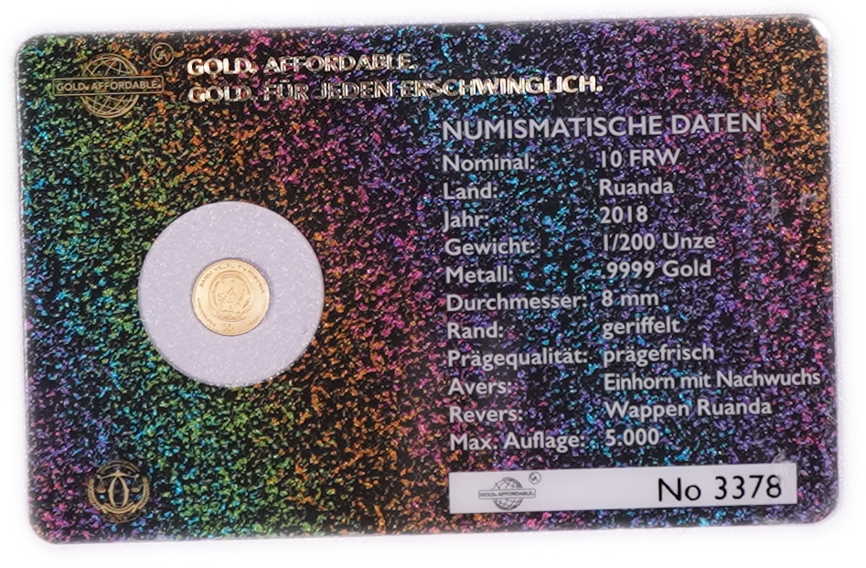 Rwanda - 10 Francs 2018 Gold Coin, Unicorn with Foal, .9999 Gold, 0.1555 g - 1/200 Troy Ounce, Uncirculated ... - 1 0