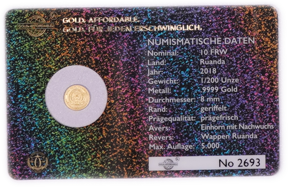 Rwanda - 10 Francs 2018 Gold Coin, Unicorn with Foal, .9999 Gold, 0.1555 g - 1/200 Troy Ounce, Uncirculated ... - 1 0