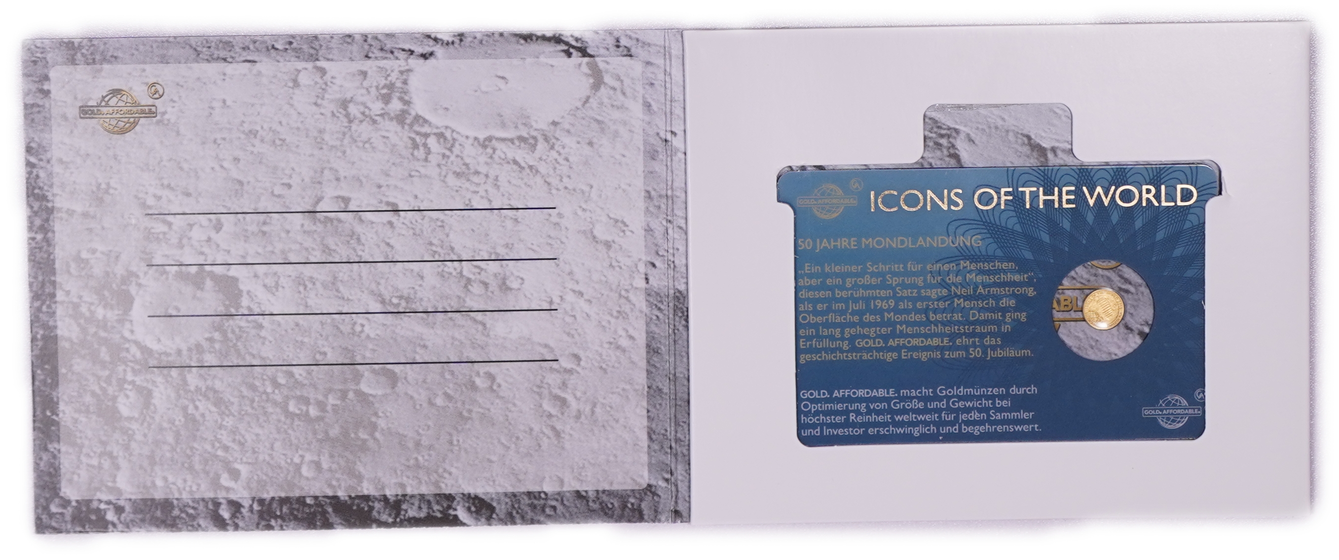 Rwanda - 10 Francs 2019 Gold Coin, 50th Anniversary of the Moon Landing, .9999 Gold, 0.1555 g - 1/200 Troy Ounce ... - 1 3