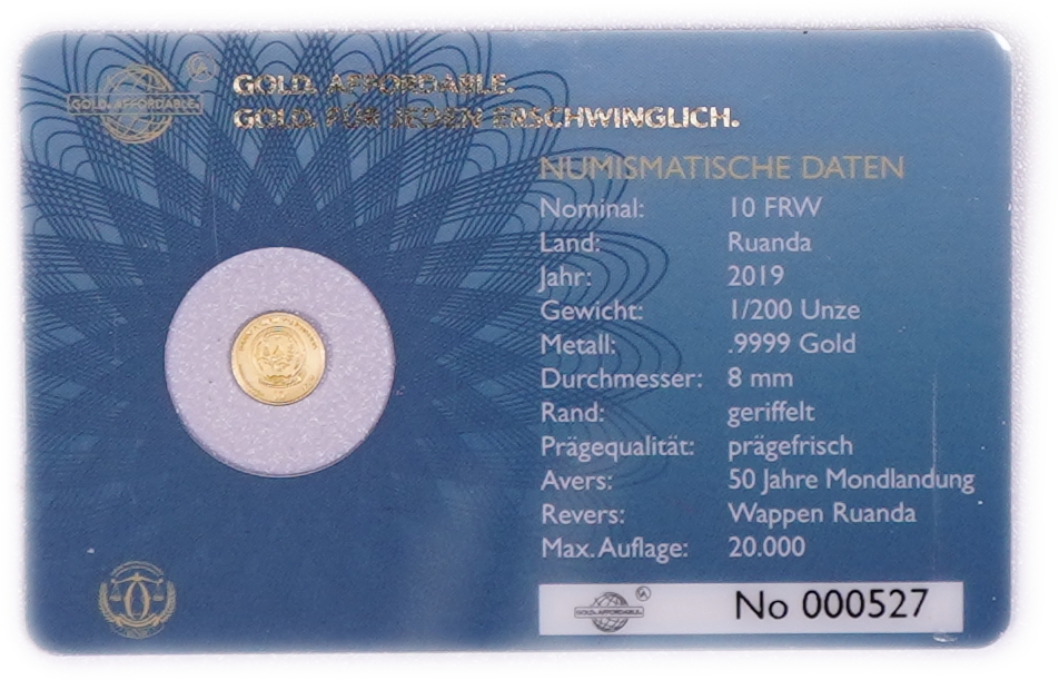 Rwanda - 10 Francs 2019 Gold Coin, 50th Anniversary of the Moon Landing, .9999 Gold, 0.1555 g - 1/200 Troy Ounce ... - 1 0