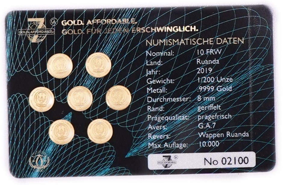 Rwanda - Set of 7 Gold 10 Francs Coins 2019, Gold Affordable "G.A.7", .9999 Gold, Each 1/200 Troy Ounce, Total ...