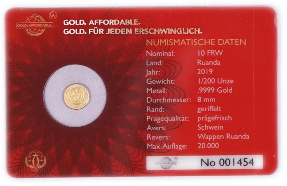 Rwanda - 10 Francs 2019 Gold Coin, Pig, .9999 Gold, 0.1555 g - 1/200 Troy Ounce, Uncirculated, Mintage up to 20,000 ... - 1 0