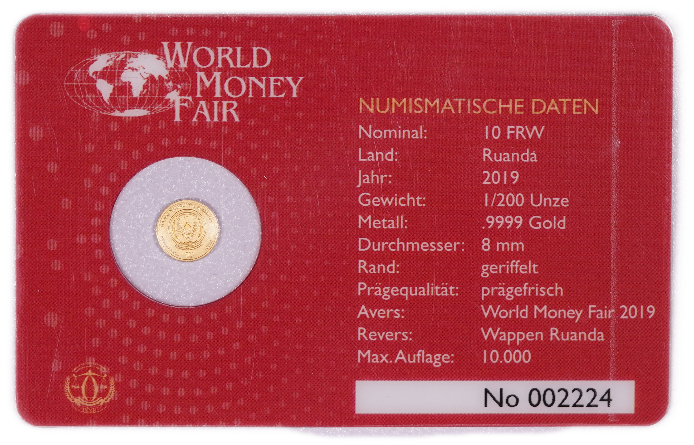 Rwanda - 10 Francs 2019 Gold Coin, World Money Fair Berlin - "Icons of the World - First Edition", Brandenburg Gate ... - 1 0