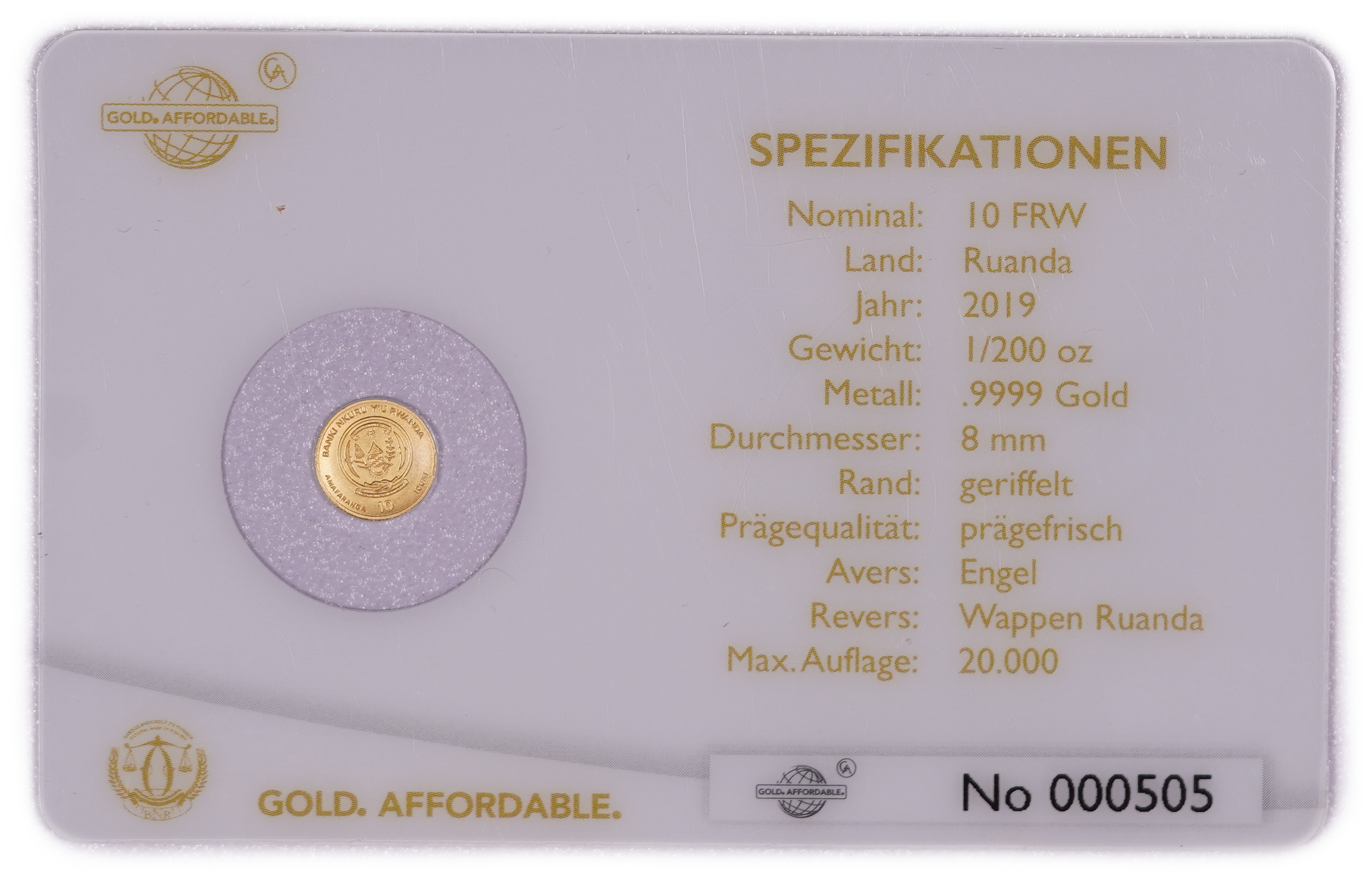 Rwanda - 10 Francs 2019 Gold Coin, "Christmas Angel", .9999 Gold, 0.1555 g - 1/200 Troy Ounce, Uncirculated ... - 1 0