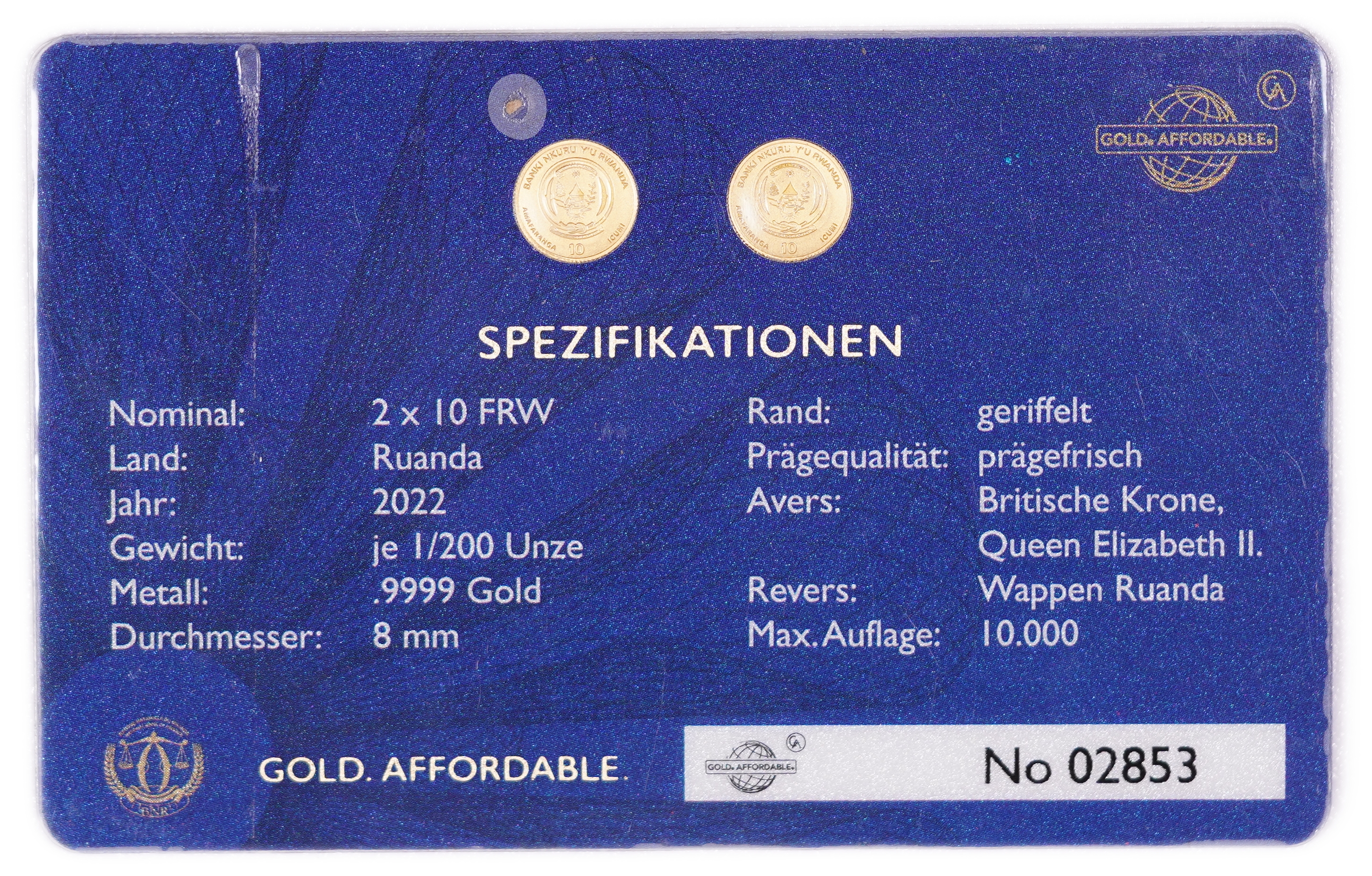 Rwanda - Set of 2 Gold 10 Francs Coins 2022 in Memory of Queen Elizabeth II - British Crown and Queen Elizabeth II ...