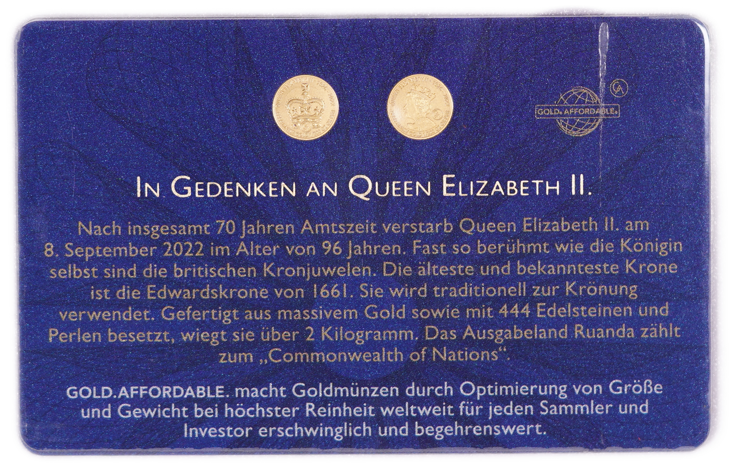 Rwanda - Set of 2 Gold 10 Francs Coins 2022 in Memory of Queen Elizabeth II - British Crown and Queen Elizabeth II ... - 1 1