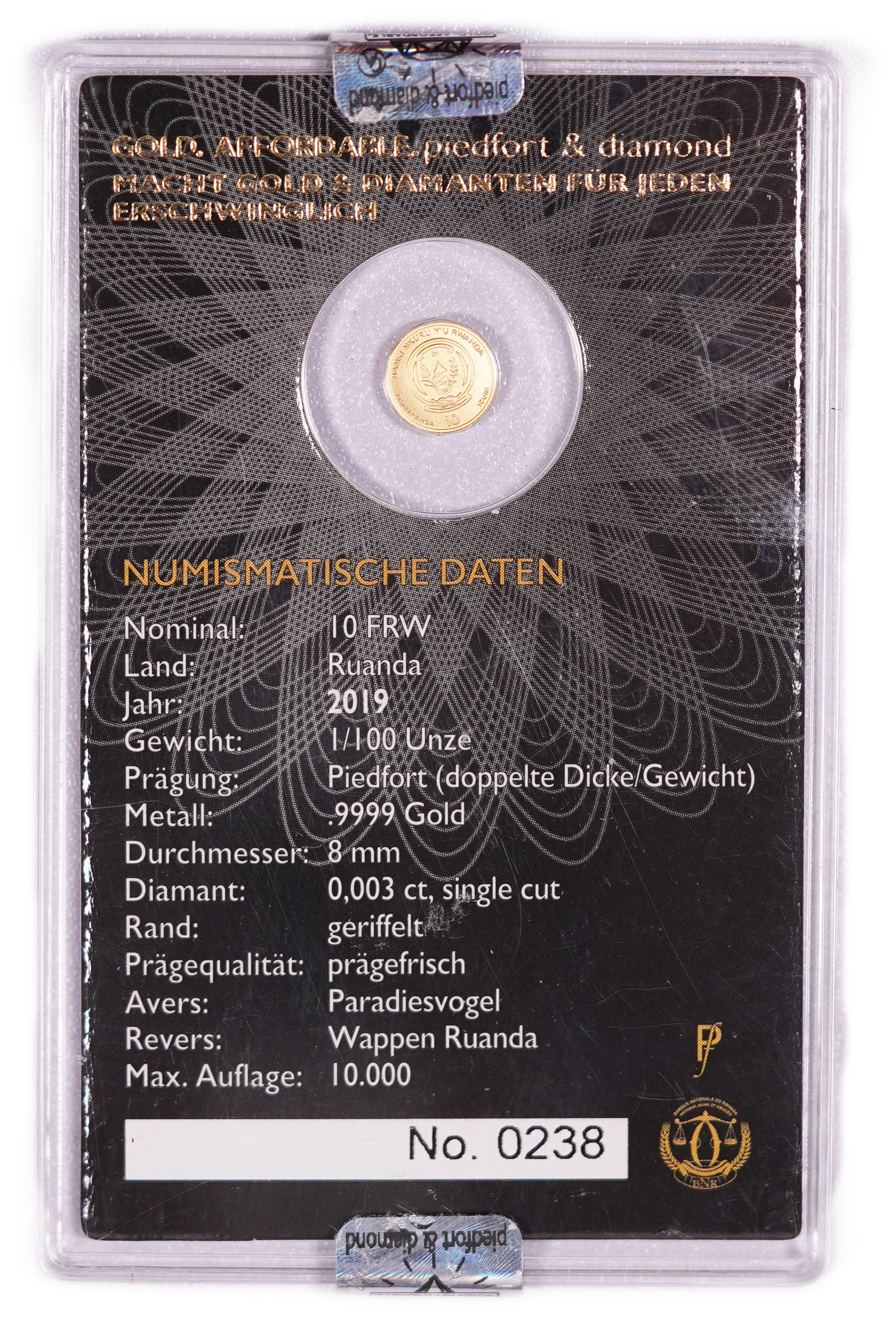 Rwanda - 10 Francs 2019 Gold Coin, Bird of Paradise - Piedfort & Diamond, .9999 Gold, 0.3110 g - 1/100 Troy Ounce ... - 1 0