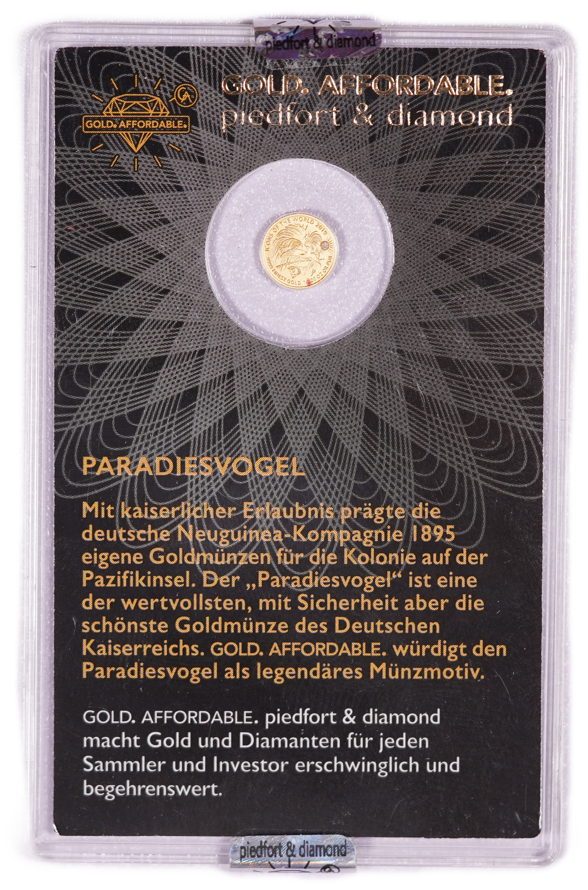 Rwanda - 10 Francs 2019 Gold Coin, Bird of Paradise - Piedfort & Diamond, .9999 Gold, 0.3110 g - 1/100 Troy Ounce ... - 1 1