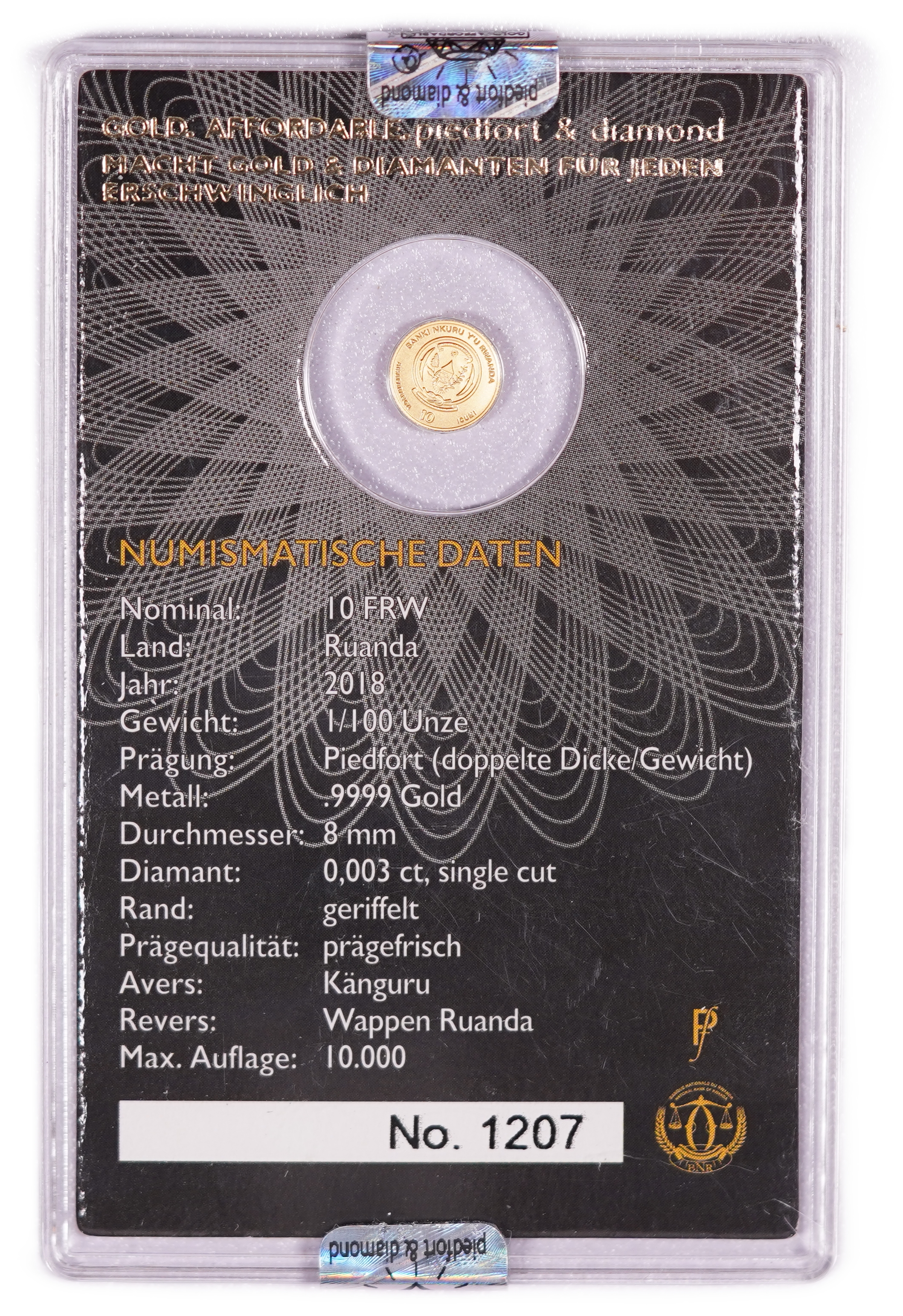 Rwanda - 10 Francs 2018 Gold Coin, Kangaroo - Piedfort & Diamond, .9999 Gold, 0.3110 g - 1/100 Troy Ounce, 0.003 ct ... - 1 0