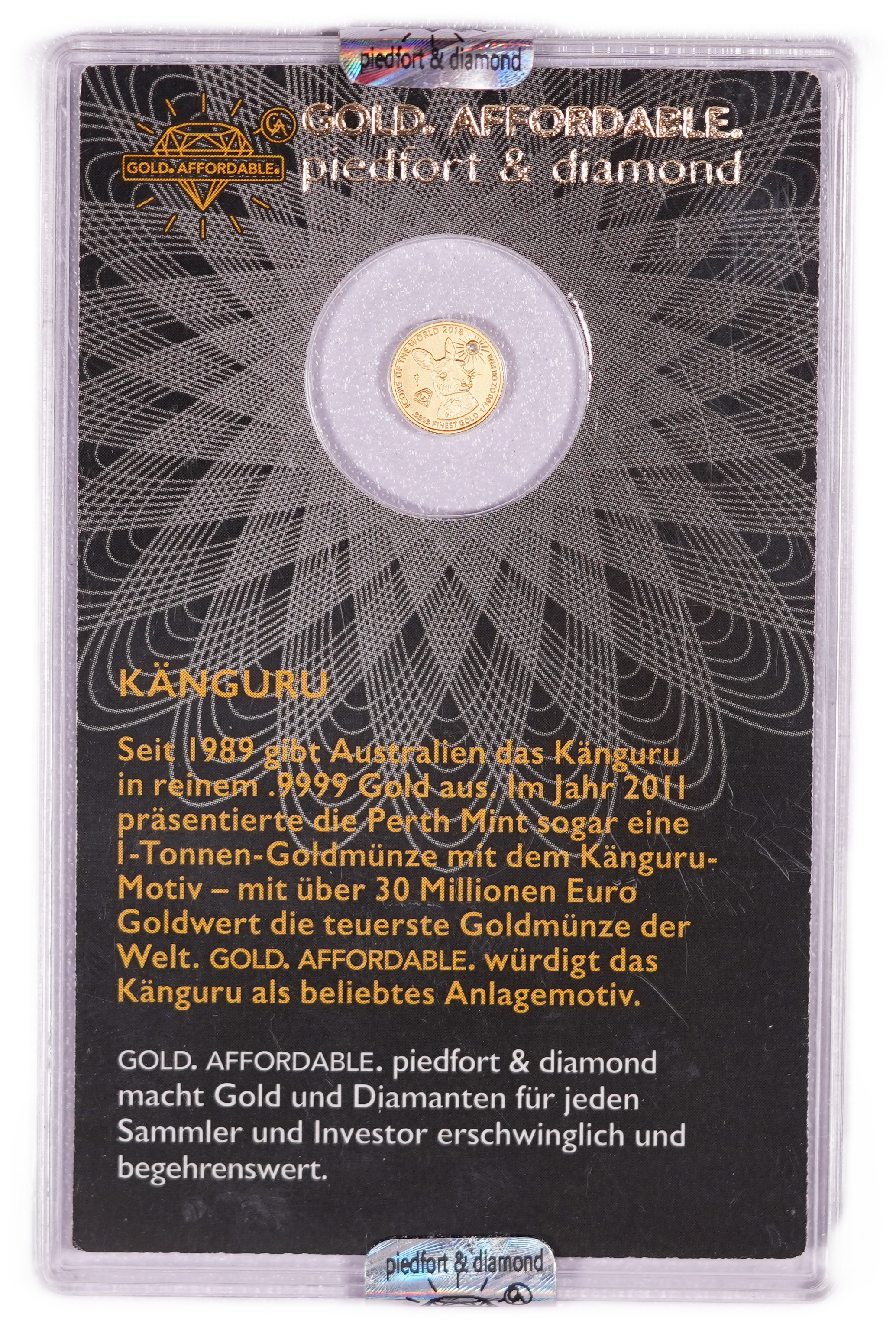 Rwanda - 10 Francs 2018 Gold Coin, Kangaroo - Piedfort & Diamond, .9999 Gold, 0.3110 g - 1/100 Troy Ounce, 0.003 ct ... - 1 1