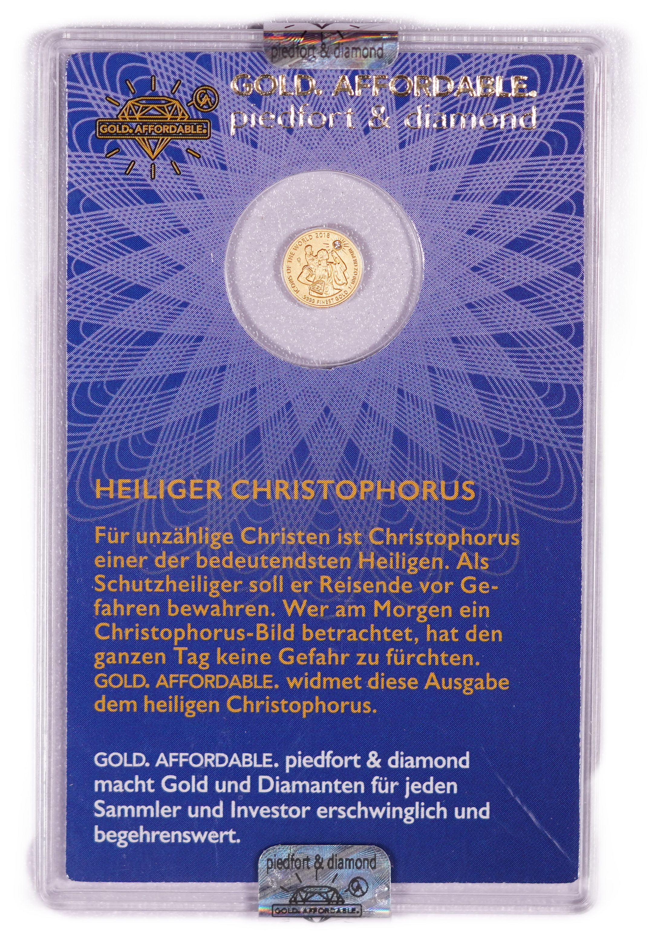 Rwanda - 10 Francs 2018 Gold Coin, Saint Christopher - Piedfort & Diamond, .9999 Gold, 0.3110 g - 1/100 Troy Ounce ... - 1 1