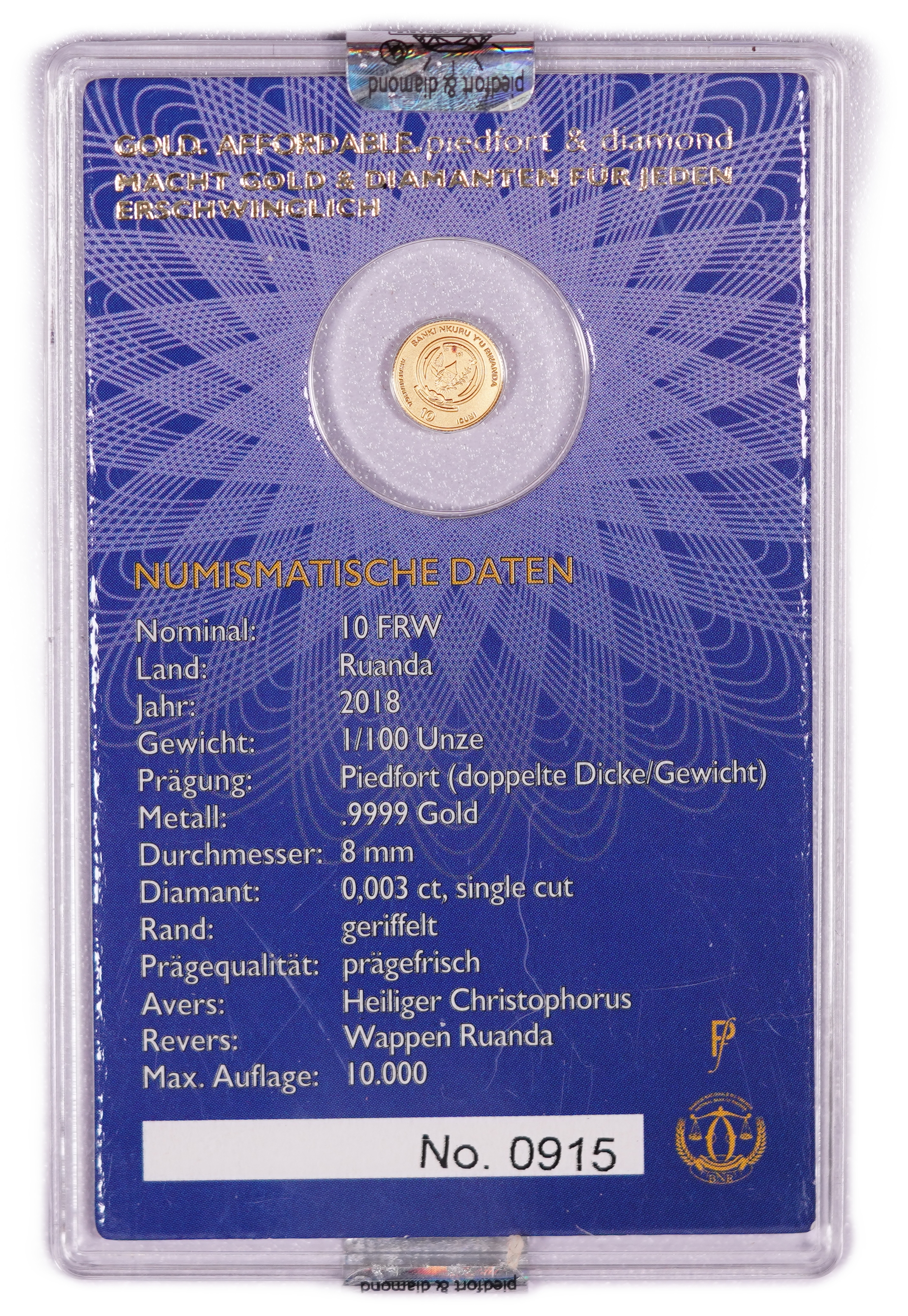 Rwanda - 10 Francs 2018 Gold Coin, Saint Christopher - Piedfort & Diamond, .9999 Gold, 0.3110 g - 1/100 Troy Ounce ... - 1 0