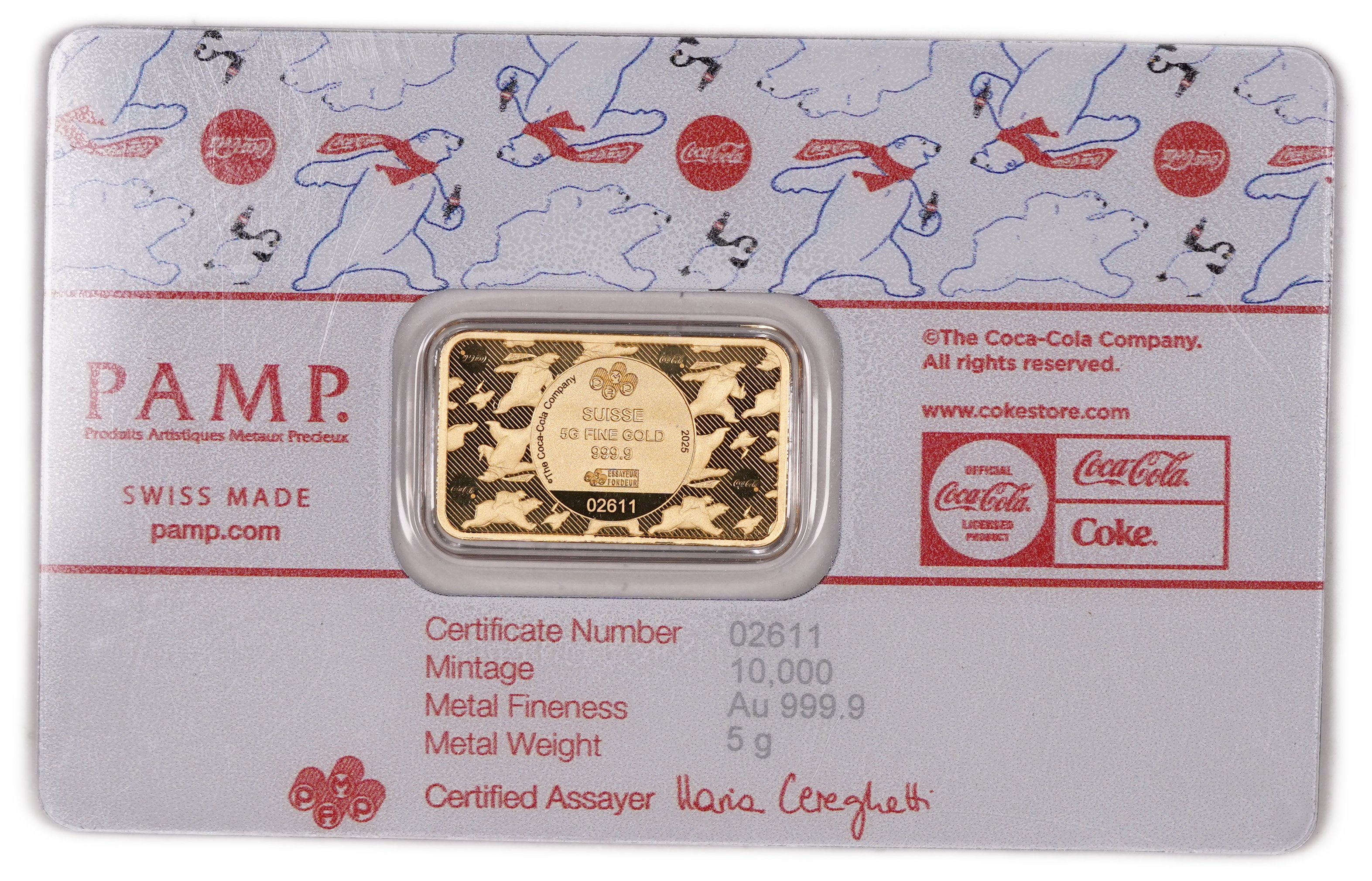 Switzerland - 2025 Coca-Cola Polar Bears Gold Bar - PAMP Suisse - .9999 Gold, 5 g, Certificate Number 02611 ... - 1 1