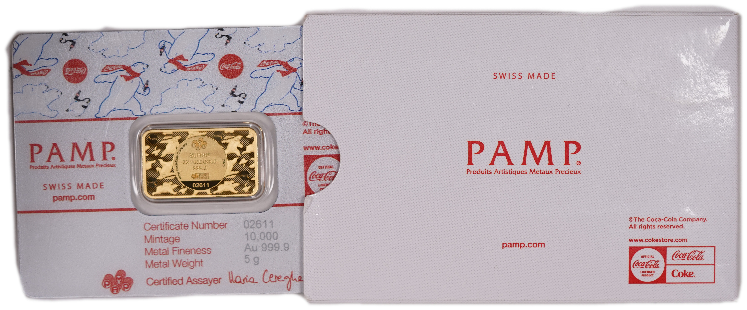 Switzerland - 2025 Coca-Cola Polar Bears Gold Bar - PAMP Suisse - .9999 Gold, 5 g, Certificate Number 02611 ... - 1 3
