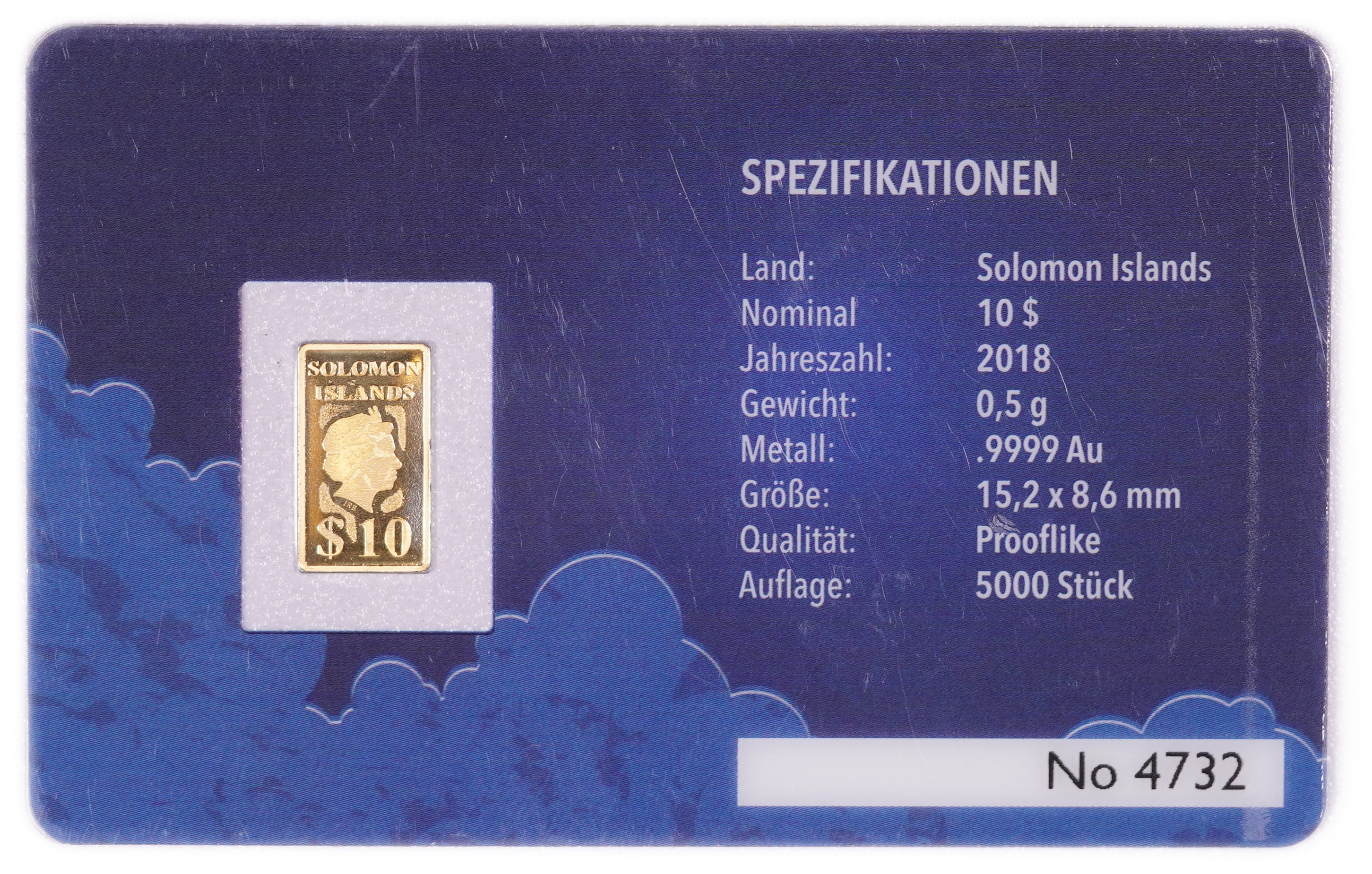 Solomon Islands - Rectangular Gold $10 Coin 2018 "Guardian Angel", .9999 Gold, 0.5 g - 0.0161 Troy Ounce, Prooflike ... - 1 0