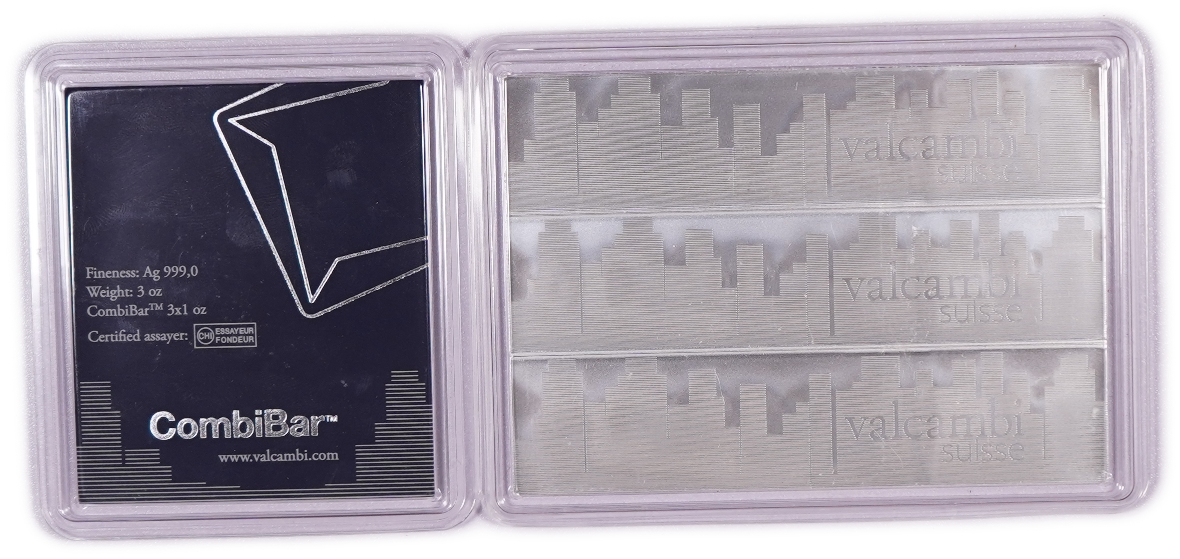 Switzerland - Valcambi Suisse - 3 Troy Ounce Silver CombiBar - 3 x 1 Troy Ounce Bars - .999 Silver, Total Weight ... - 1 0