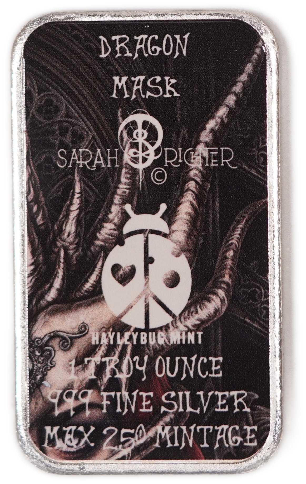 USA - “DRAGON MASK” Colorized Art Silver Bar by Sarah Richter - Echoes of Eternity Series - .999 Silver, 1 Troy ... - 1 1