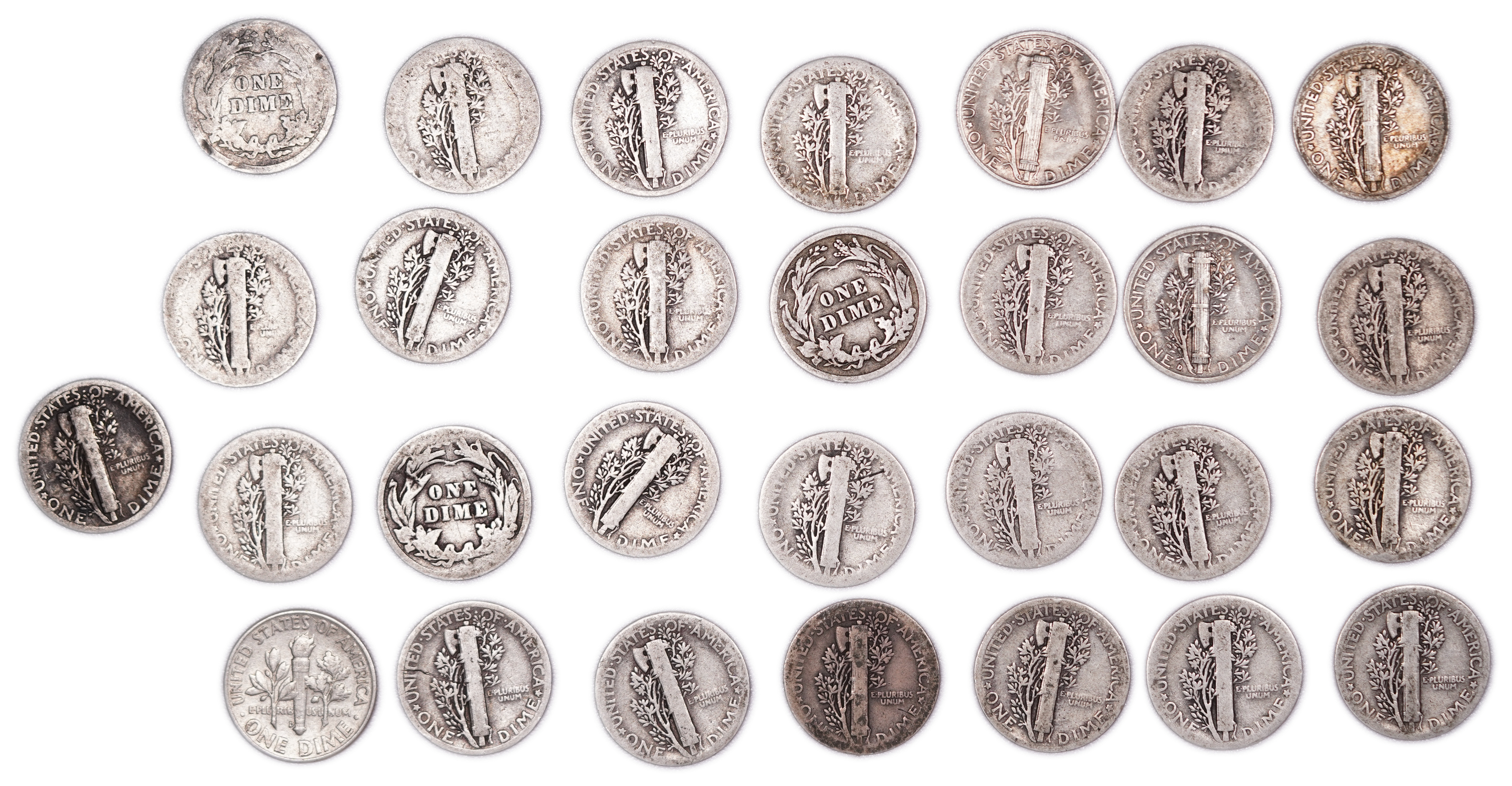 United States - Group of 29 10-Cent Coins - 25 Mercury Dimes, 1 Roosevelt Dime & 3 Barber Dimes - .900 Silver - ... - 1 1