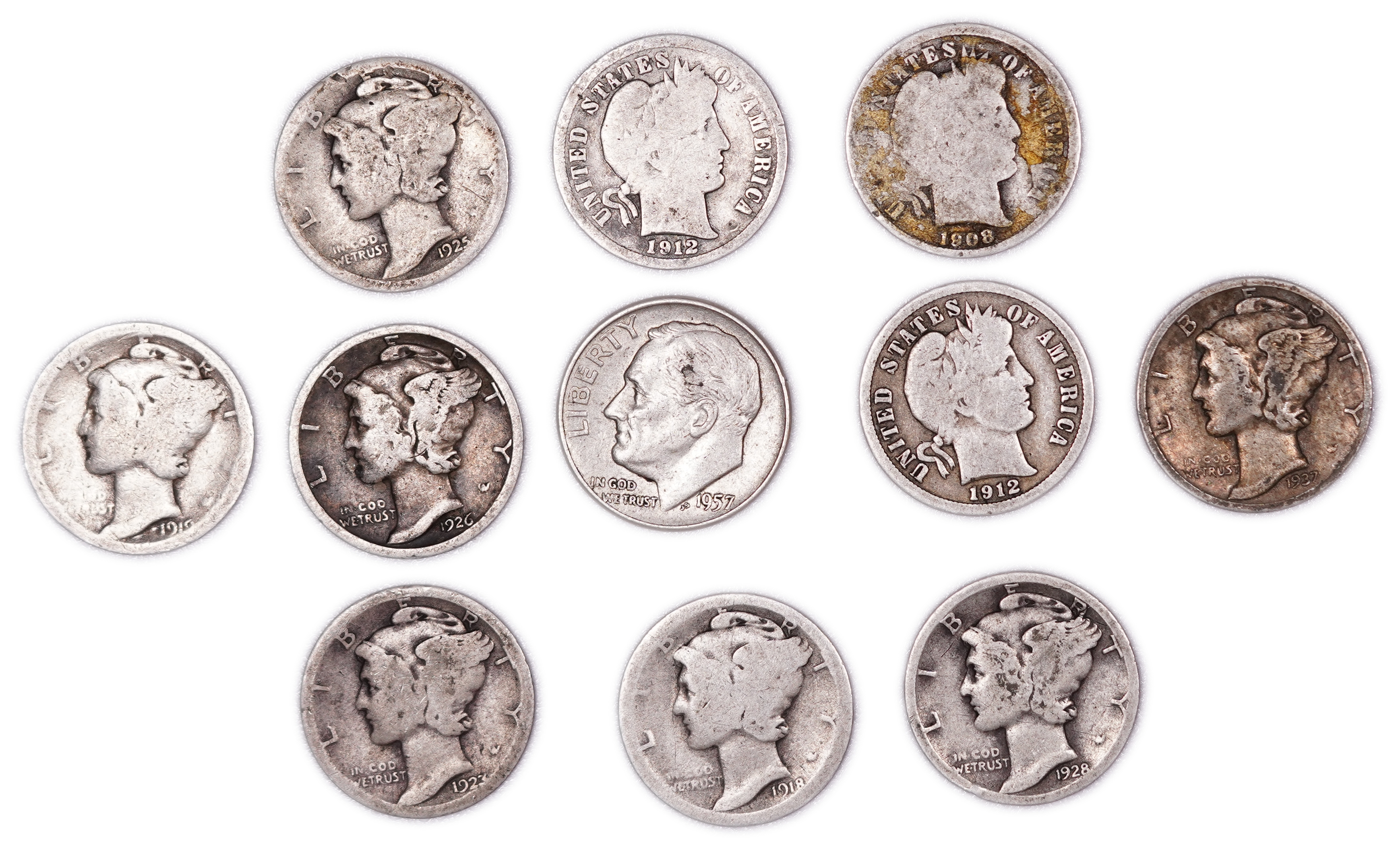 United States - Group of 29 10-Cent Coins - 25 Mercury Dimes, 1 Roosevelt Dime & 3 Barber Dimes - .900 Silver - ... - 1 6