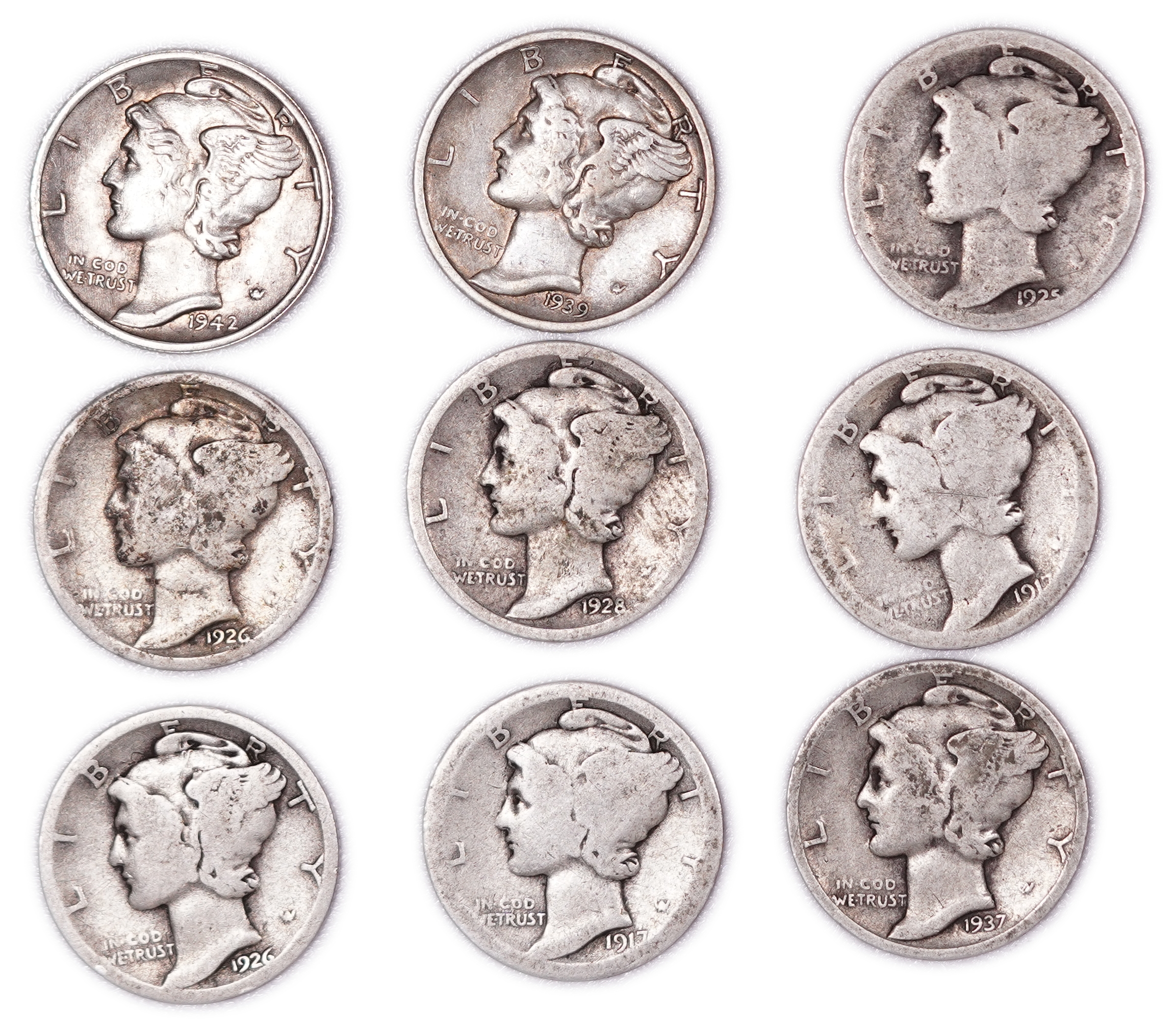 United States - Group of 29 10-Cent Coins - 25 Mercury Dimes, 1 Roosevelt Dime & 3 Barber Dimes - .900 Silver - ... - 1 2