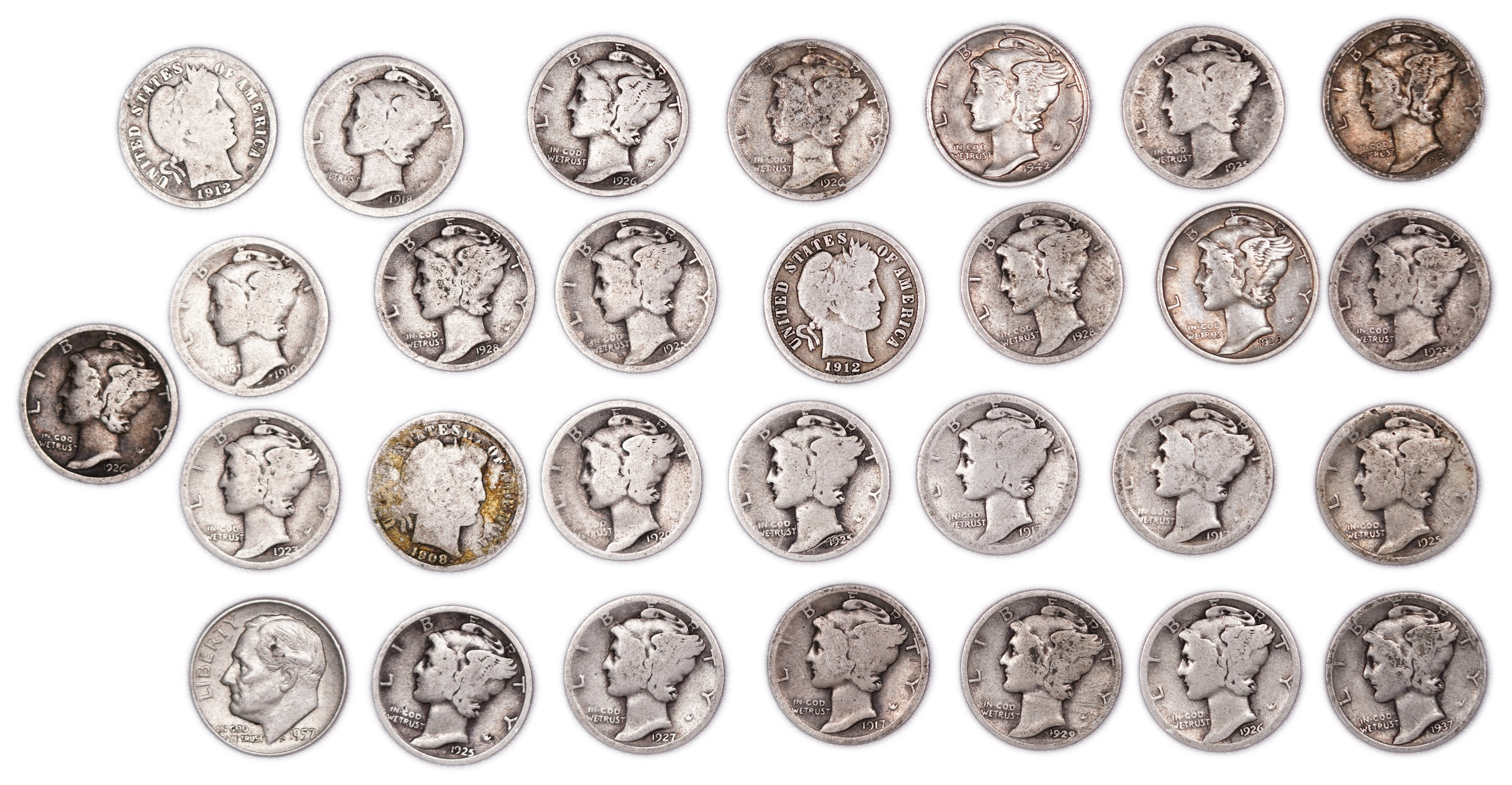 United States - Group of 29 10-Cent Coins - 25 Mercury Dimes, 1 Roosevelt Dime & 3 Barber Dimes - .900 Silver - ... - 1 0