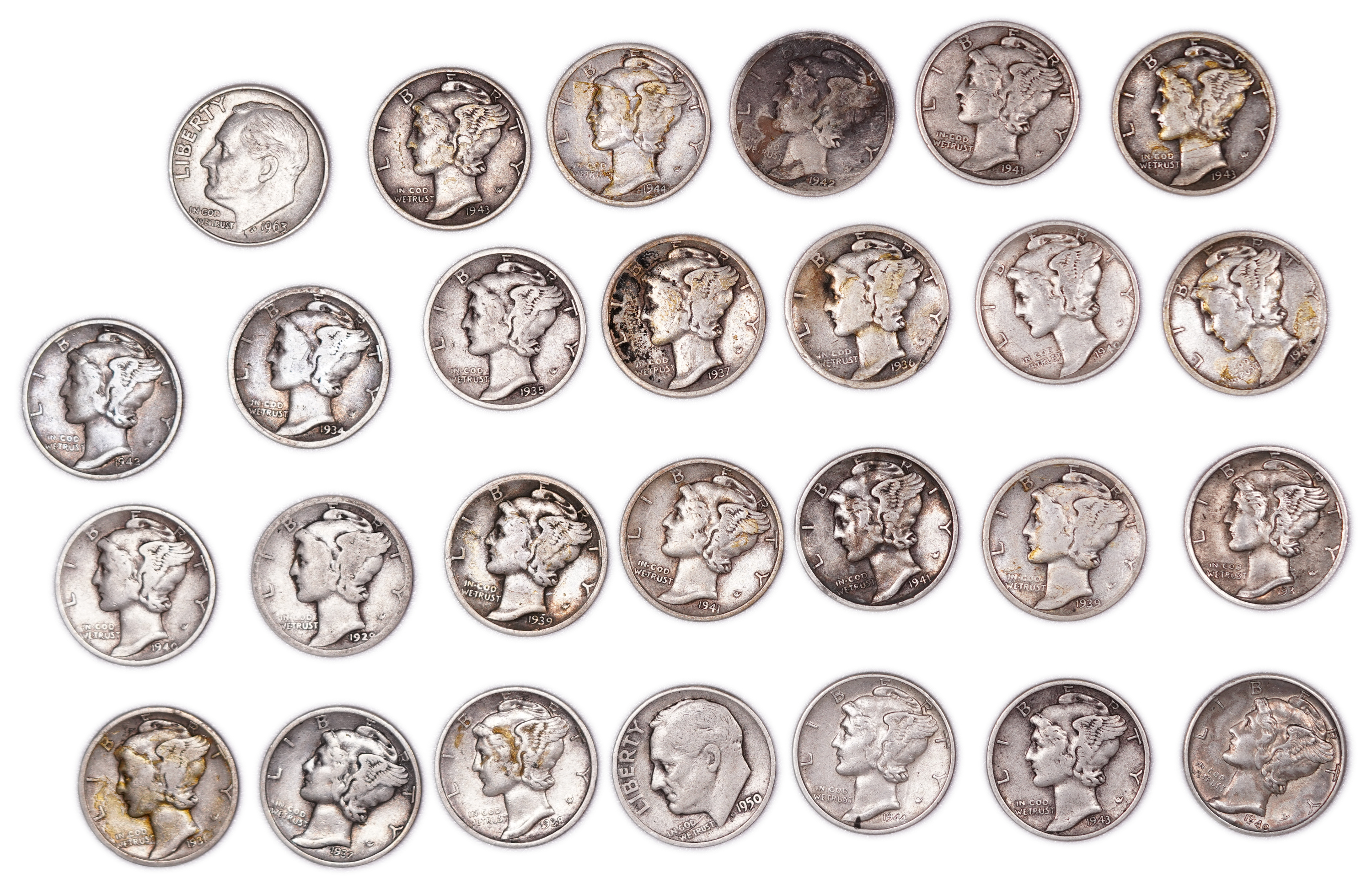 United States - Group of 27 10-Cent Coins - 25 Mercury Dimes & 2 Roosevelt Dimes - .900 Silver - Total Weight 65.87 ... - 1 0