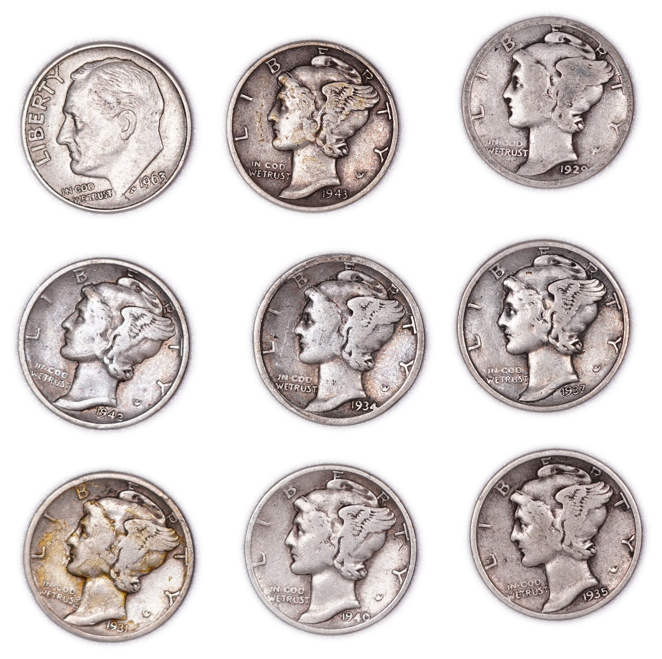 United States - Group of 27 10-Cent Coins - 25 Mercury Dimes & 2 Roosevelt Dimes - .900 Silver - Total Weight 65.87 ... - 1 4