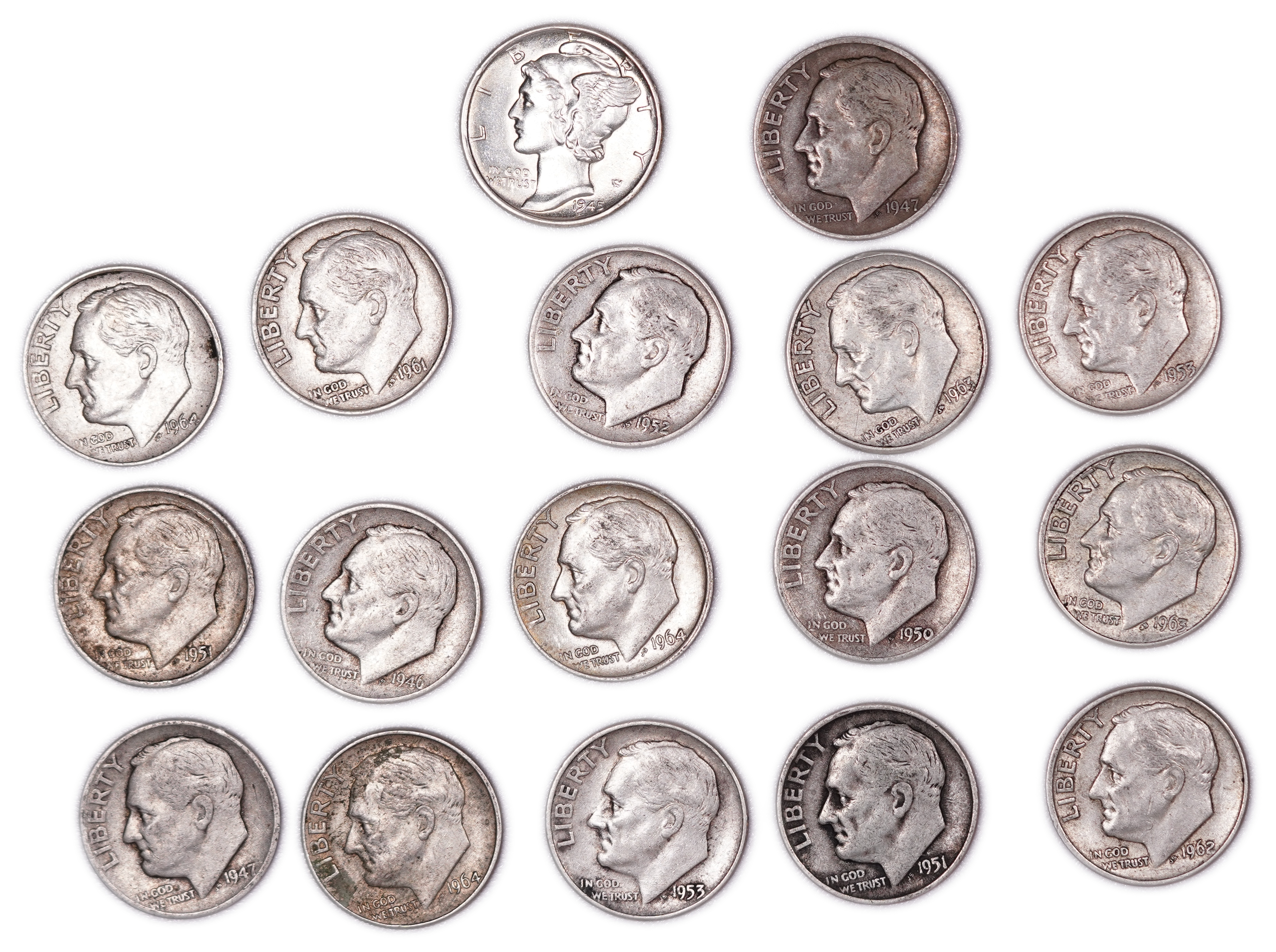United States - Group of 18 10-Cent Coins - 17 Roosevelt Dimes & 1 Mercury Dime - .900 Silver - Total Weight 42.10 ... - 1 0