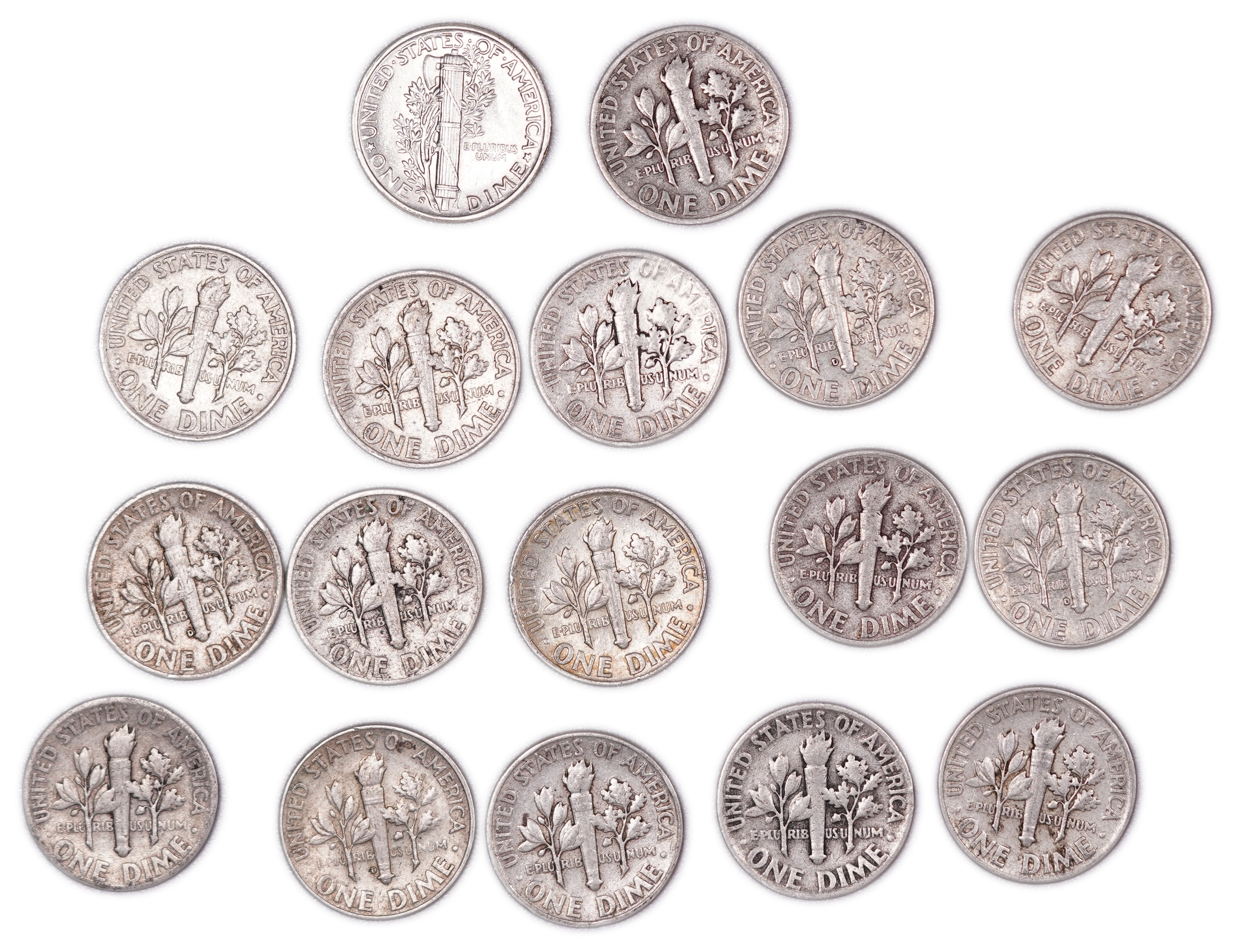 United States - Group of 18 10-Cent Coins - 17 Roosevelt Dimes & 1 Mercury Dime - .900 Silver - Total Weight 42.10 ... - 1 1