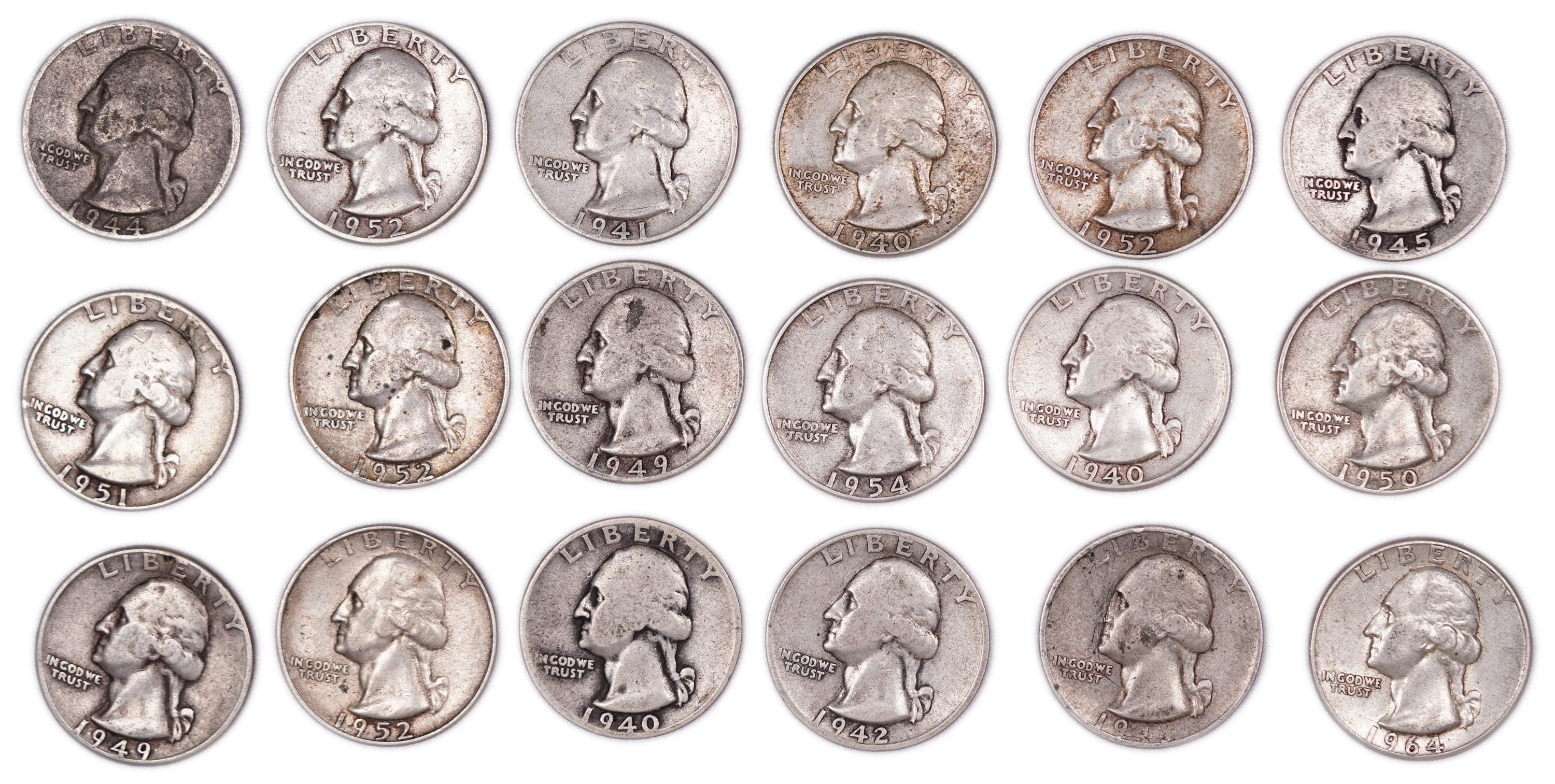 United States - Group of 18 Washington Quarter Dollar Coins - .900 Silver - Total Weight 111.33 g (Approx. 100.20 g ... - 1 0