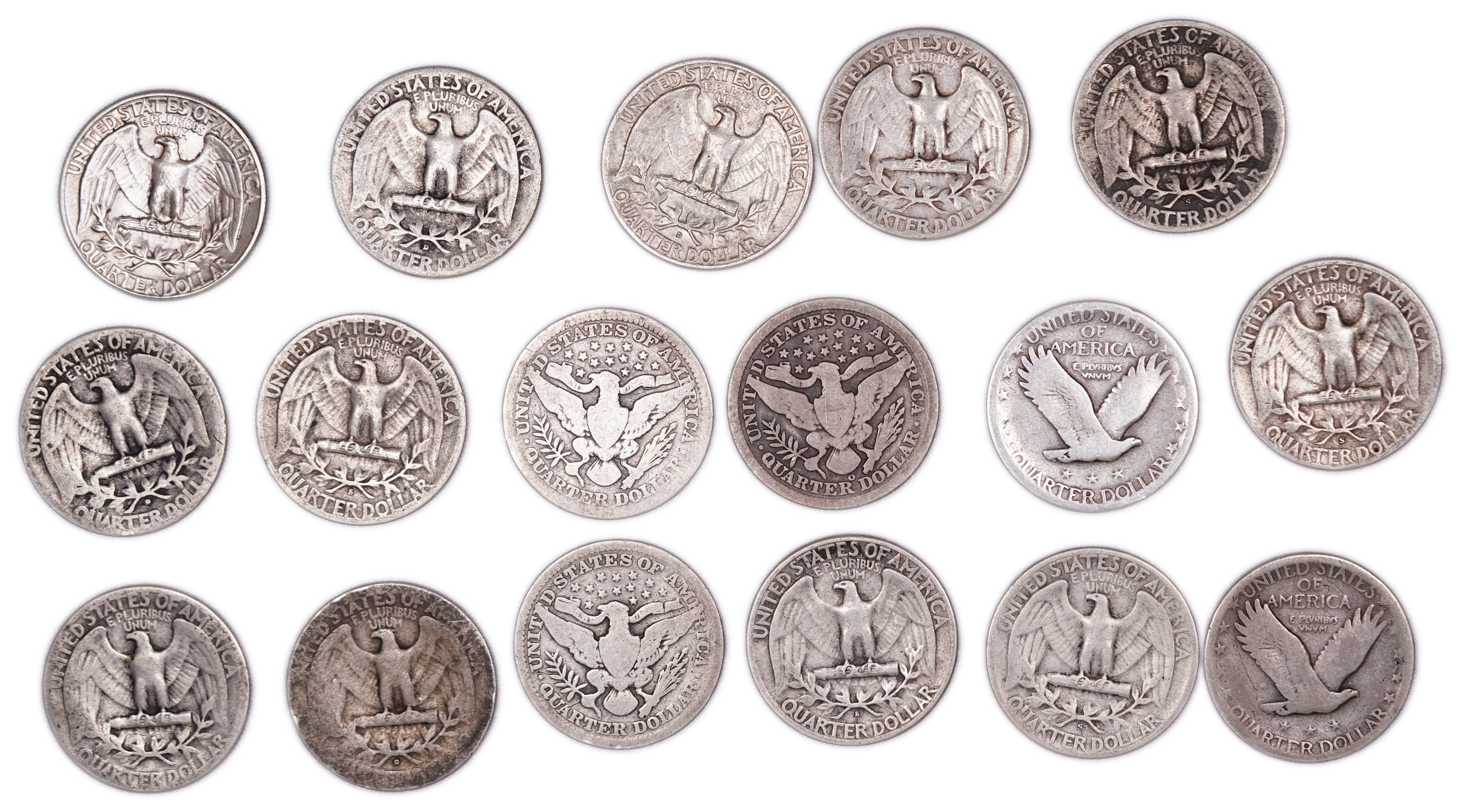 United States - Group of 17 Quarter Dollar Coins - 12 Washington, 3 Barber and 2 Standing Liberty - .900 Silver - ... - 1 1