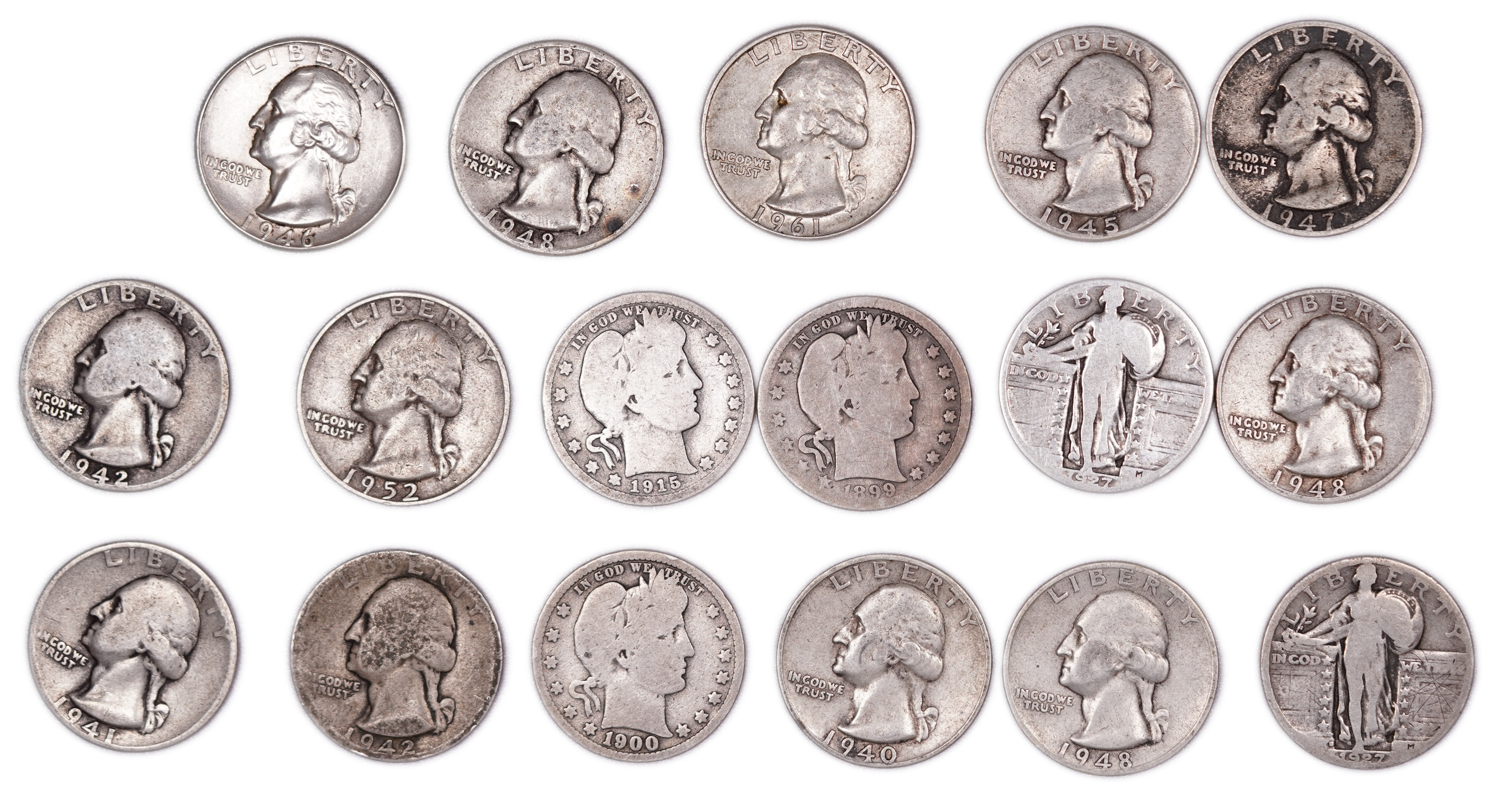 United States - Group of 17 Quarter Dollar Coins - 12 Washington, 3 Barber and 2 Standing Liberty - .900 Silver - ... - 1 0